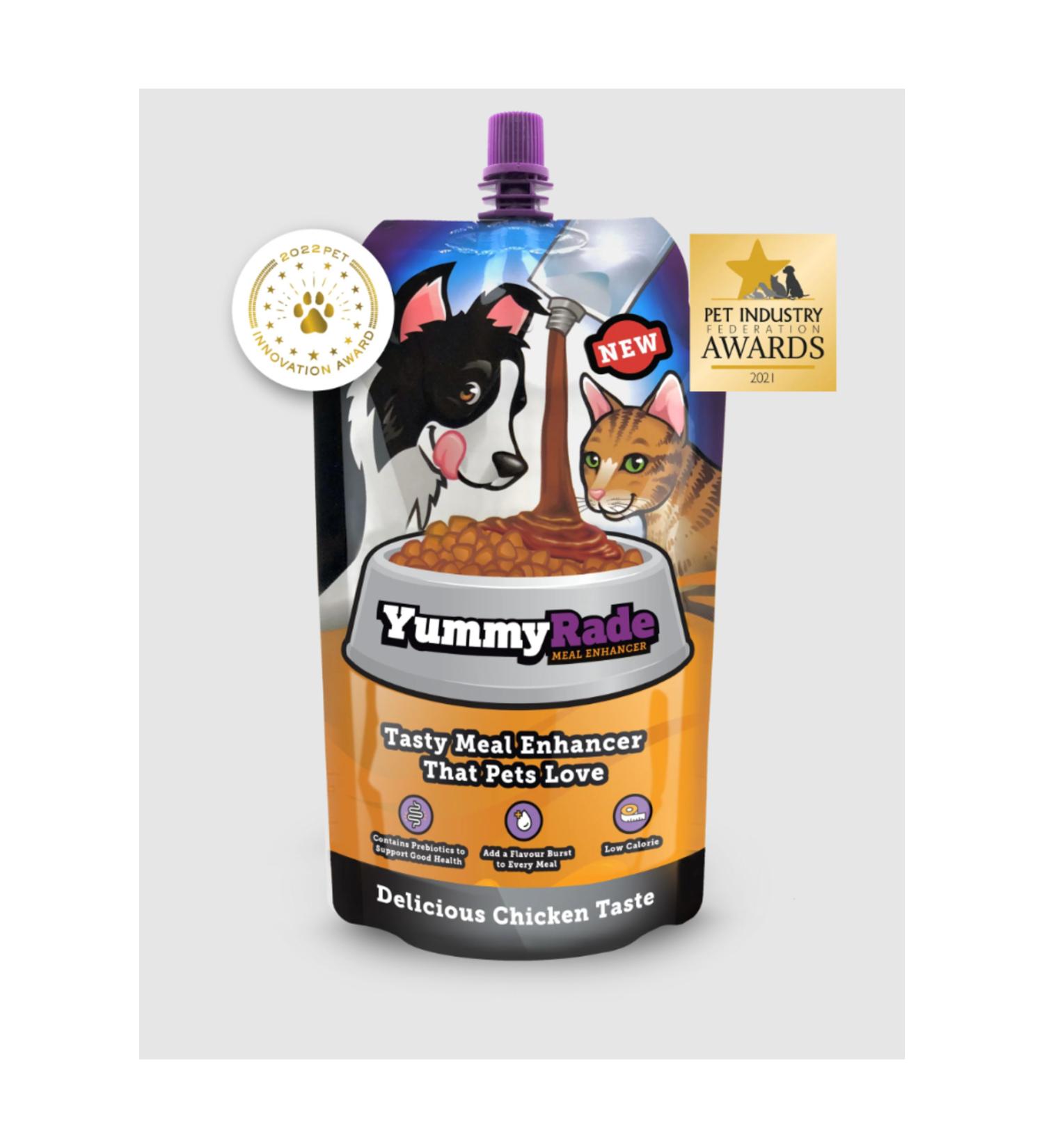 YUMMYRADE is an award-winning low-calorie delicious meal enhancer for cats and dogs.
