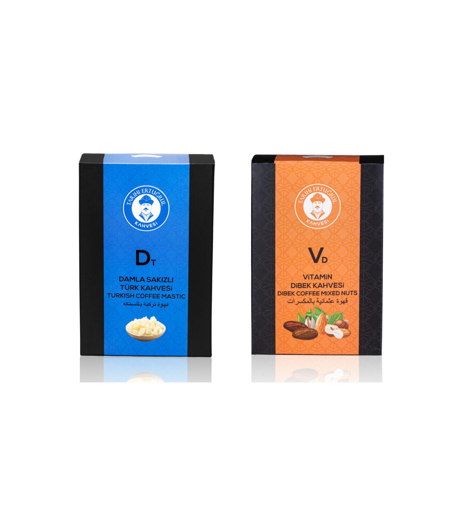 Historical Ertu rul Coffee Mastic Turkish Coffee Box 200 G & Vitamin Dibek Coffee Box 200 G - Set of 2
