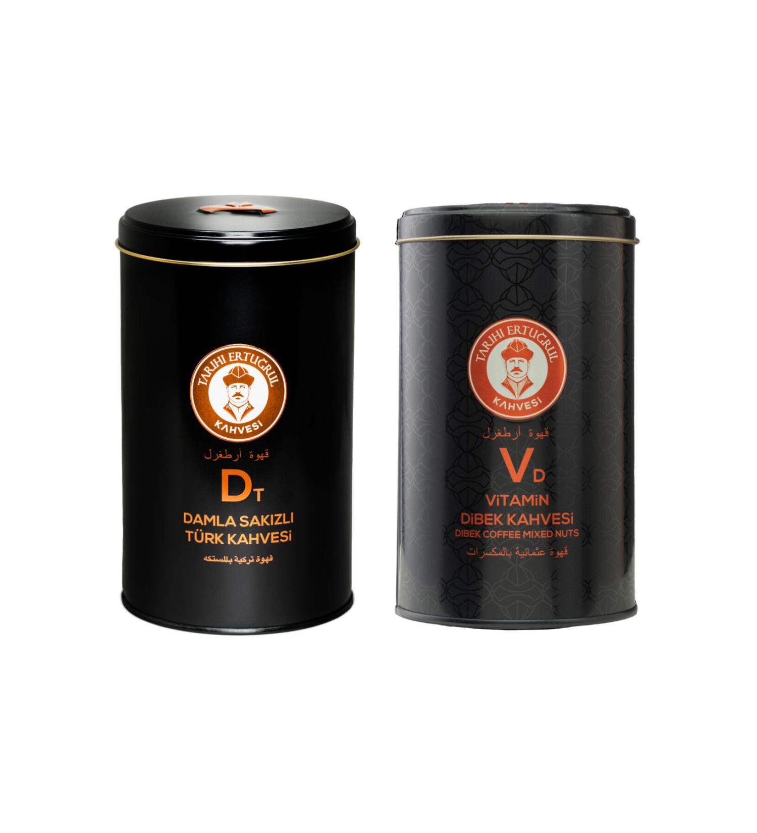 Historical Ertu rul Coffee Mastic Turkish Coffee Tin 250 G & Vitamin Dibek Coffee Tin 250 G - Set of 2