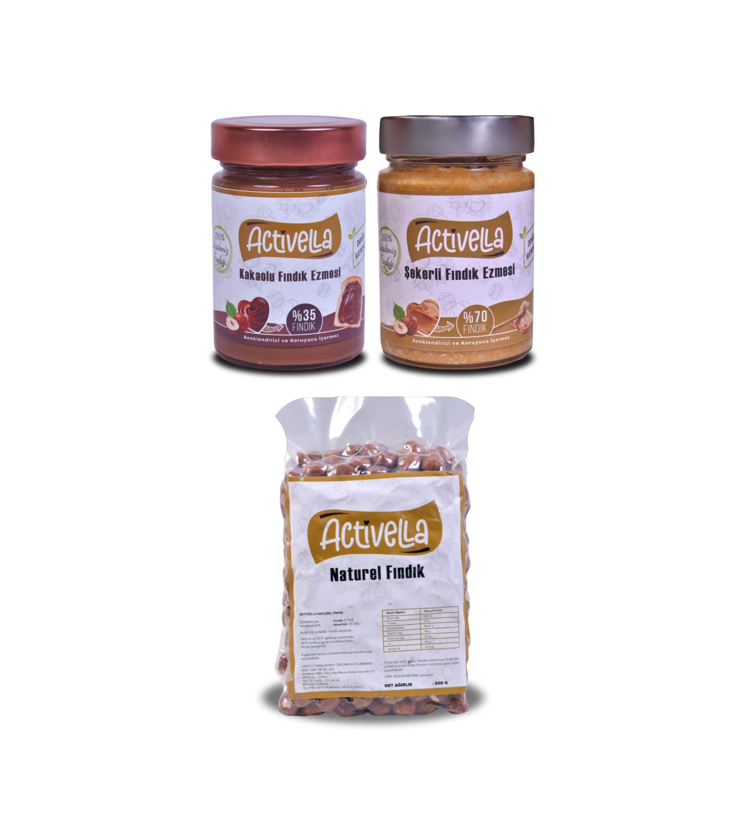 Activella Cocoa 330gr 5 Hazelnuts + Sugar 320gr p Hazelnuts + Natural Hazelnuts 500gr