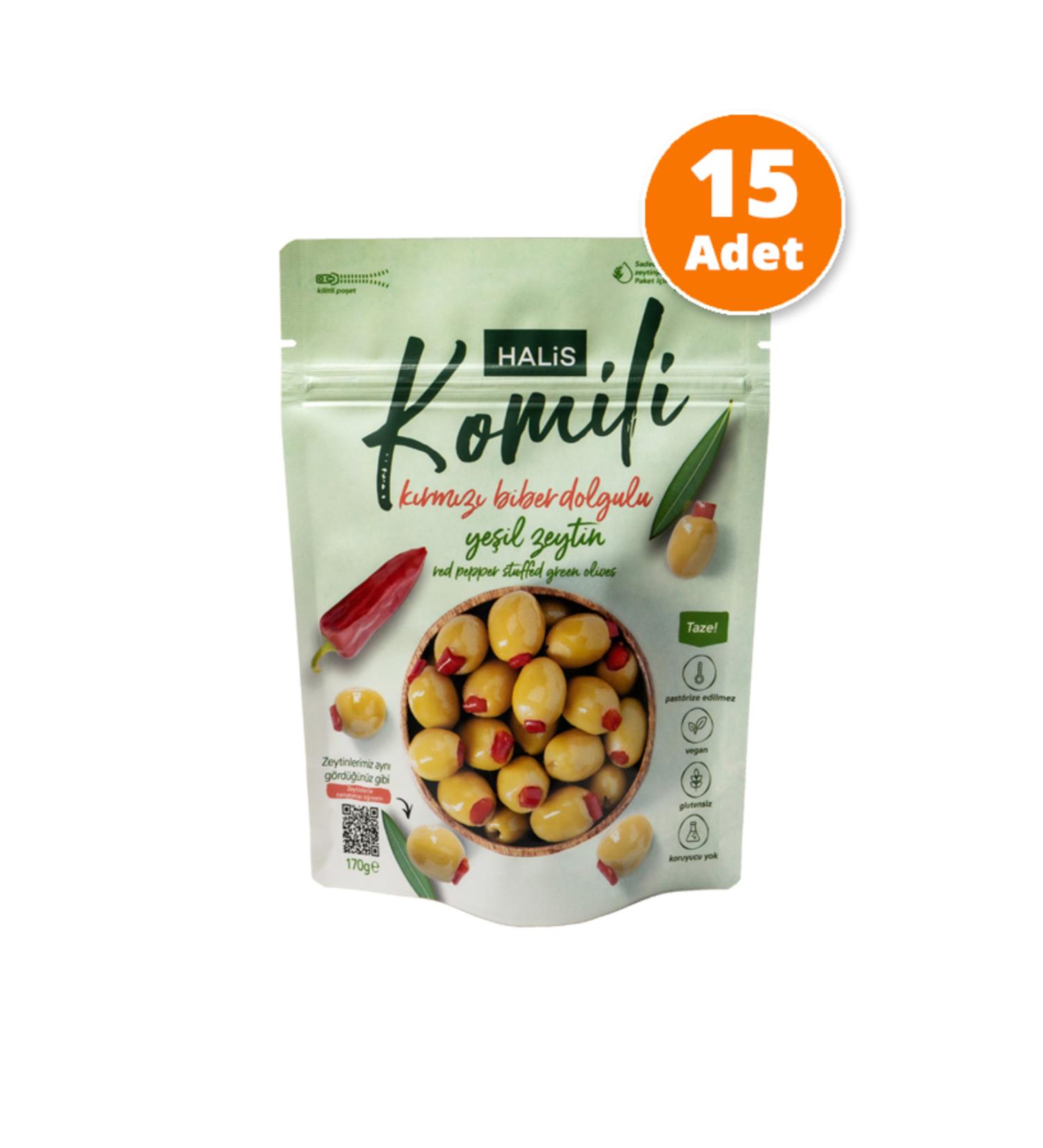 Komili Red Pepper Stuffed Green Olives 15x170g