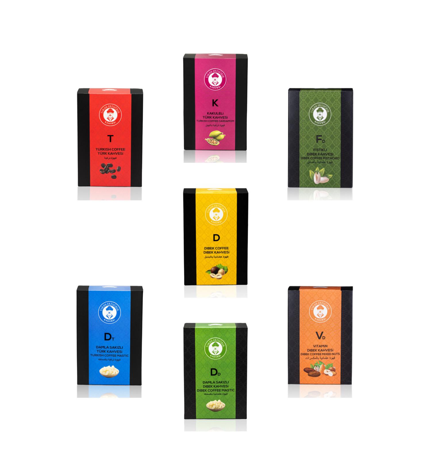 Historical Ertu rul Coffee Introduction Set Turkish and Dibek Coffee Varieties Box 200 G - 7 Varieties