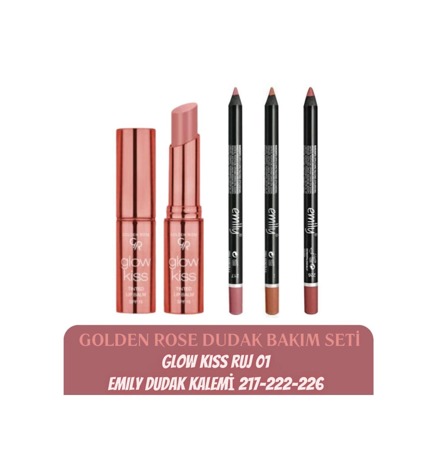 Golden Rose Glow Kiss Tinted Lip Balm No 01 + Golden Rose Emily Lip Pencil 217+222+226 - Buy Online on GoSupps.com