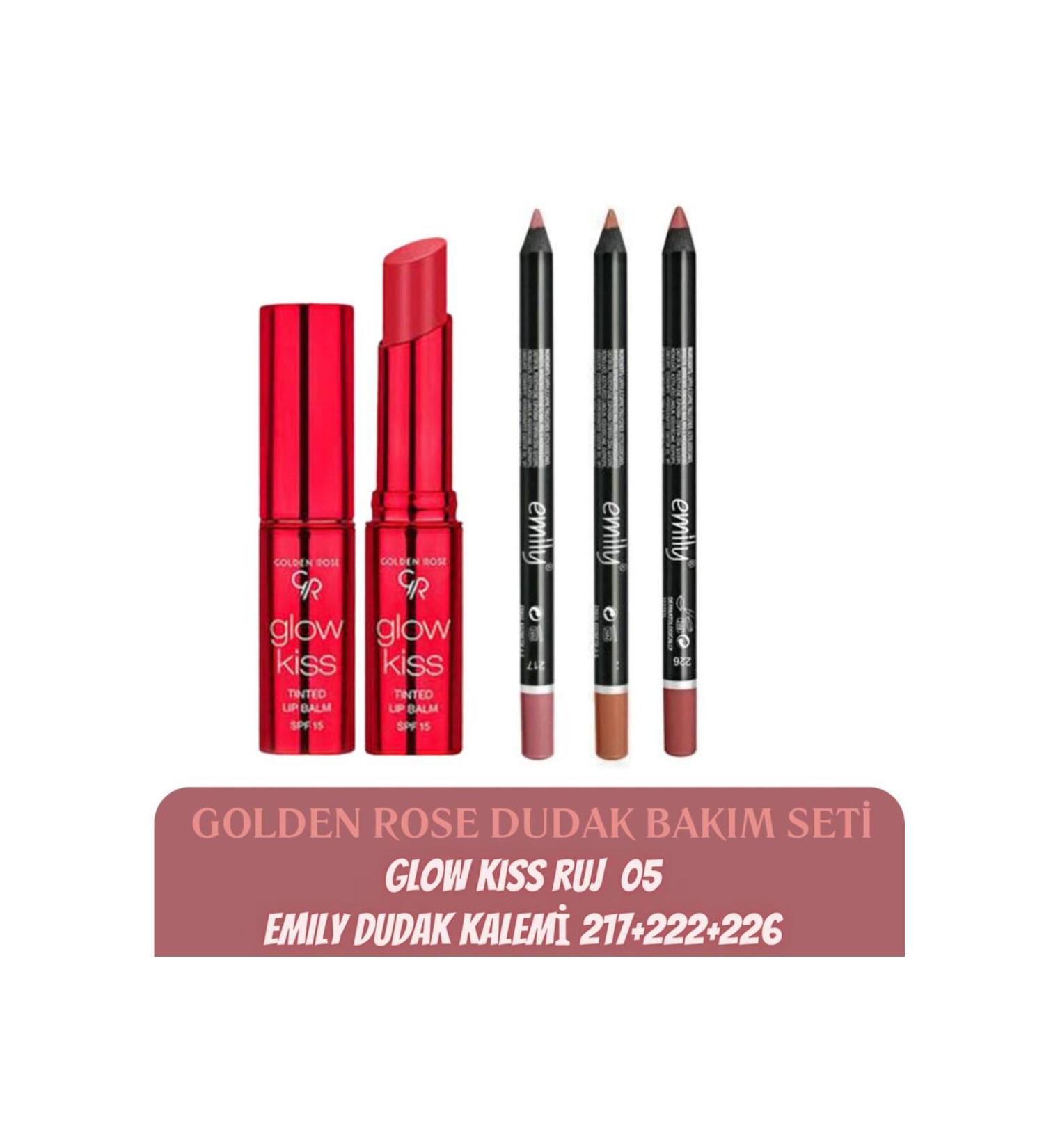 Golden Rose Glow Kiss Tinted Lip Balm No 05 + Golden Rose Emily Lip Pencil 217+222+226 - Buy Online on GoSupps.com