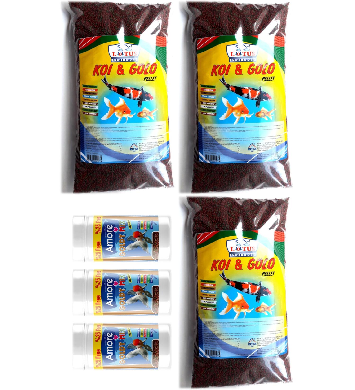 AMORE Lotus 7 Kajero 3 x 860 gr Bag Goldfish Food 3 x 125 ml Box Goldy Mix Granules