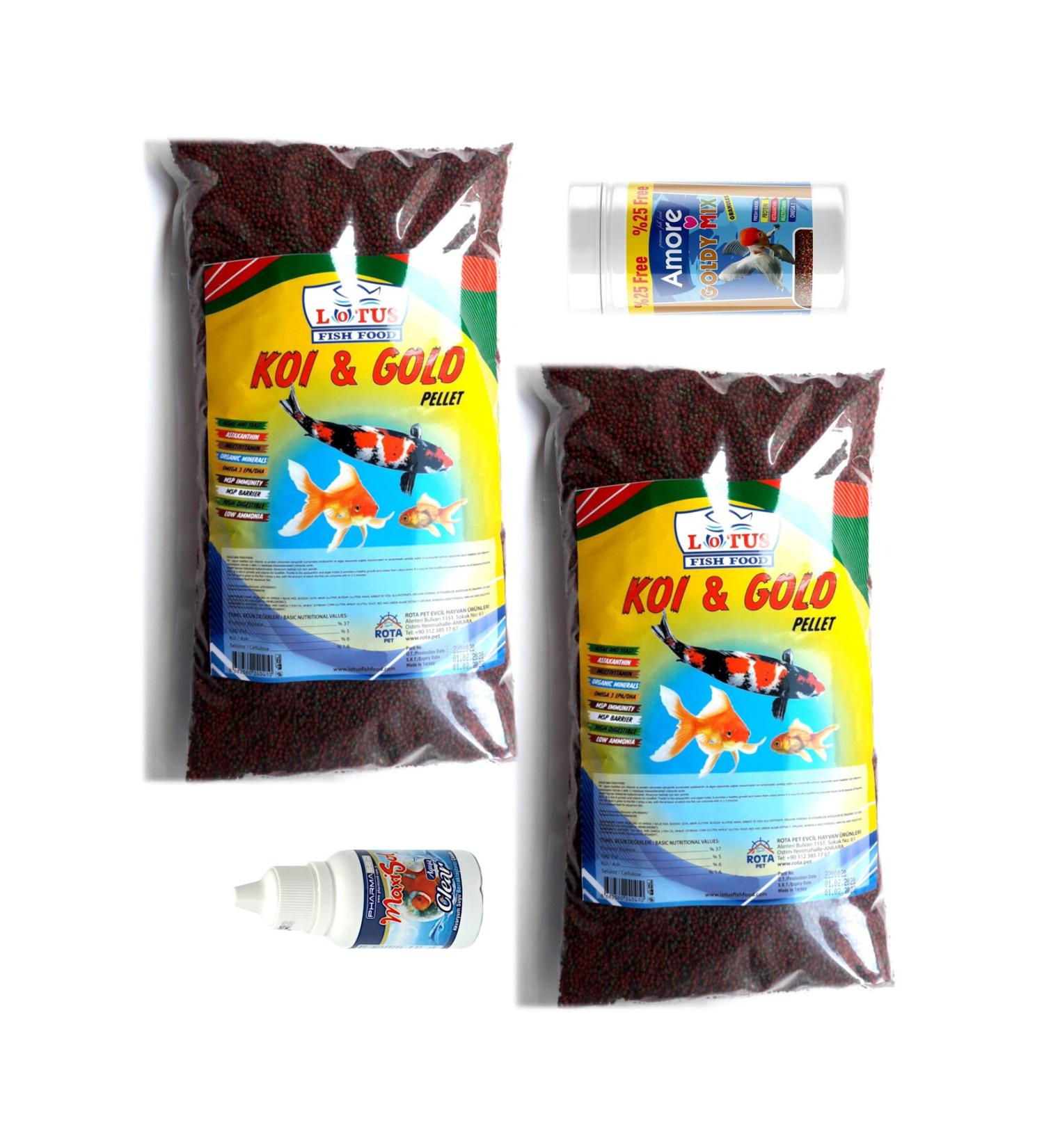 AMORE Lotus 7 Kajero 2 pieces 860 gr Goldfish Food 125 ml Box Goldy Mix Granules Clarifier