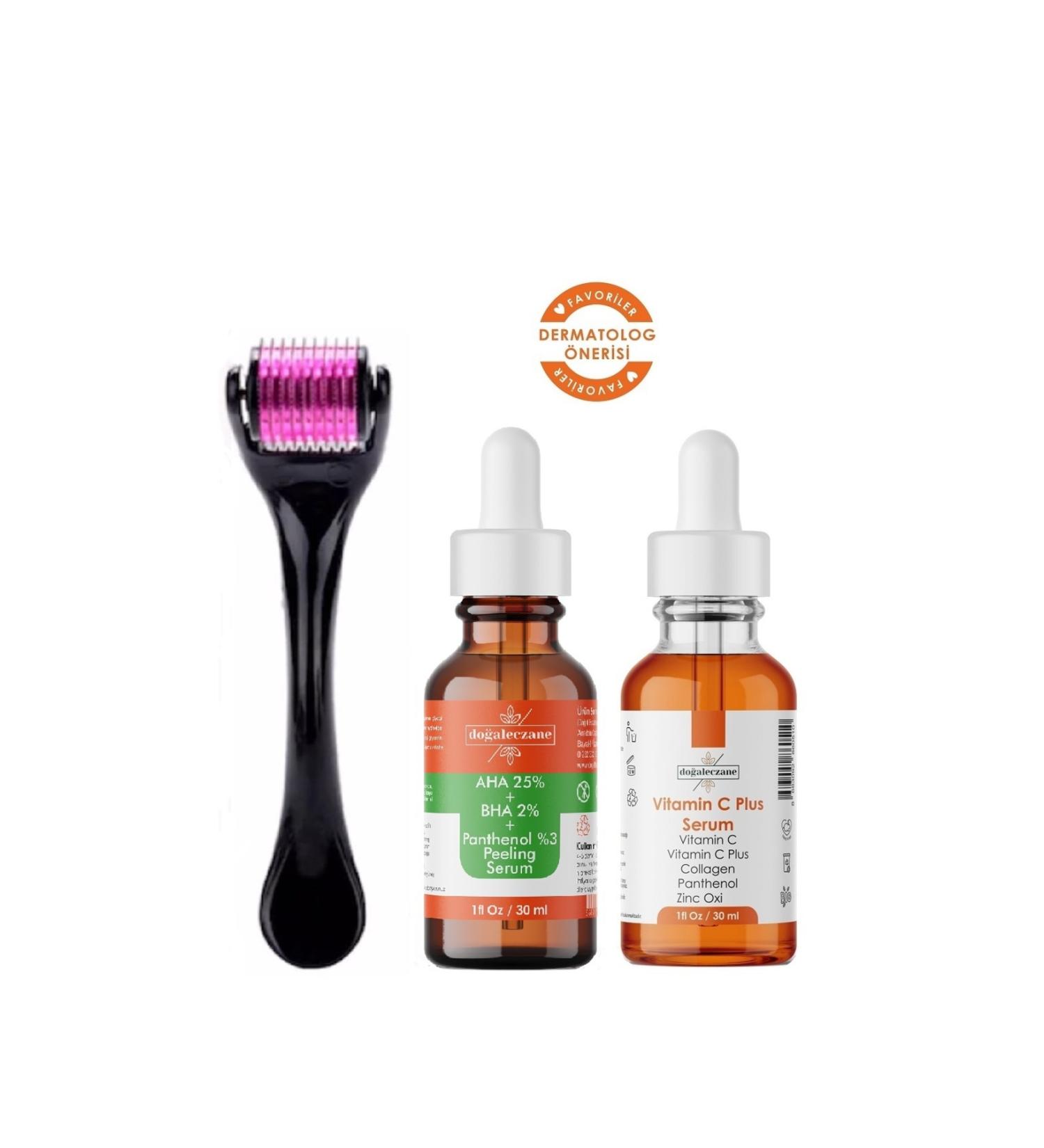 Natural Pharmacy Aha 25 Bha 2 Panthenol Skin Tone Peeling + Vitamin C Serum + Dermaroller