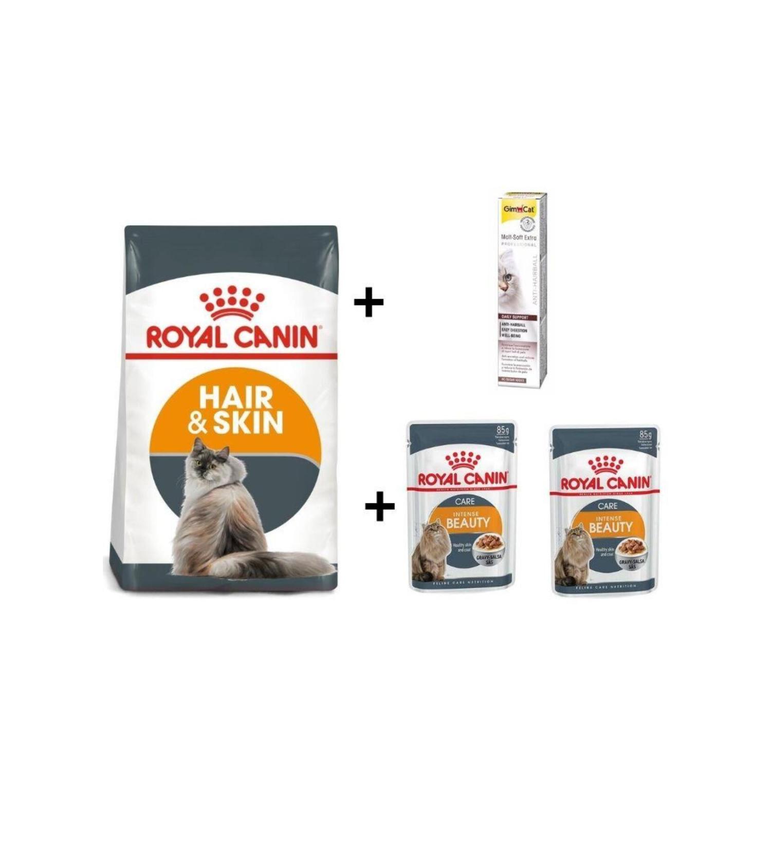 Royal Canin Hair Skin Cat Food 2 Kg + 2 Pieces RC Wet Food 85gr + 20 gr GimCat Malt
