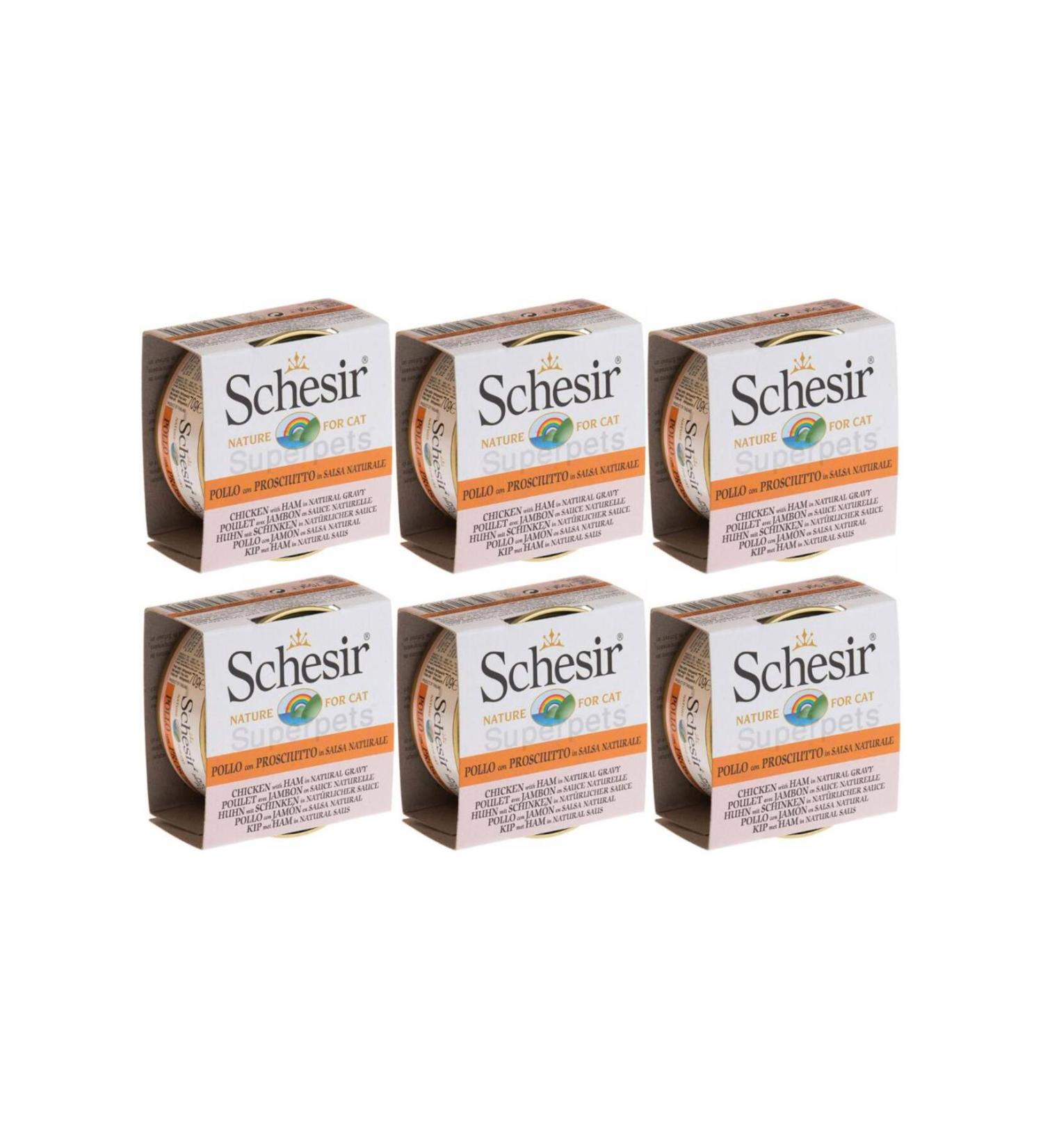 Canned Cat Food with Chicken and Ham in Schesir Sauce 70 Gr * 6 Pieces