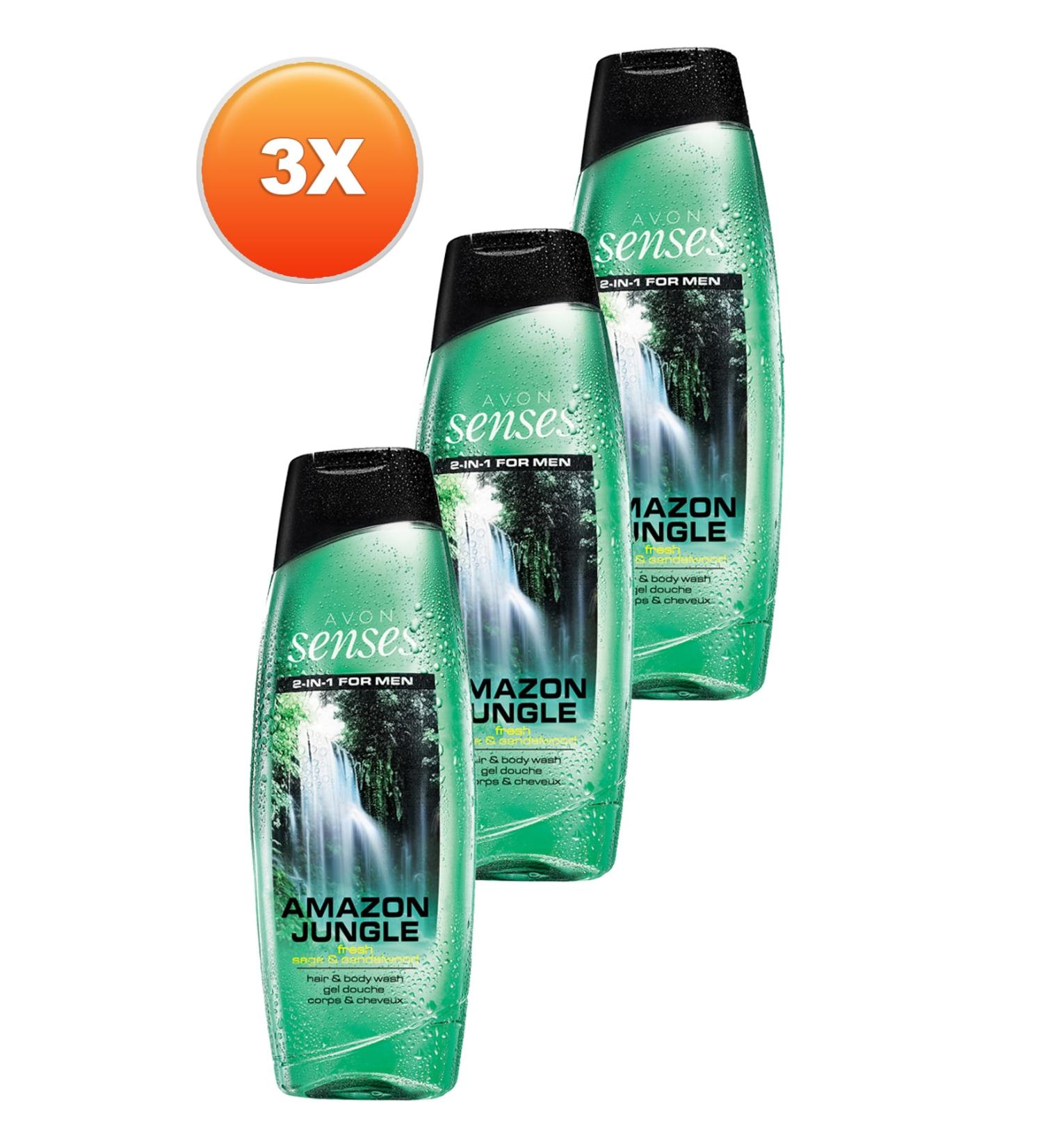 Avon Senses For Men Amazon Jungle Hair and Body Shampoo 500ml 3 Pack