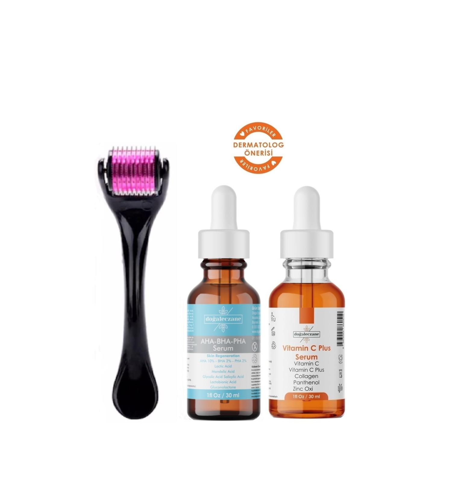Natural Pharmacy AHA BHA PHA Revitalizing Anti-Blackhead Serum + Vitamin C Plus + Dermaroller