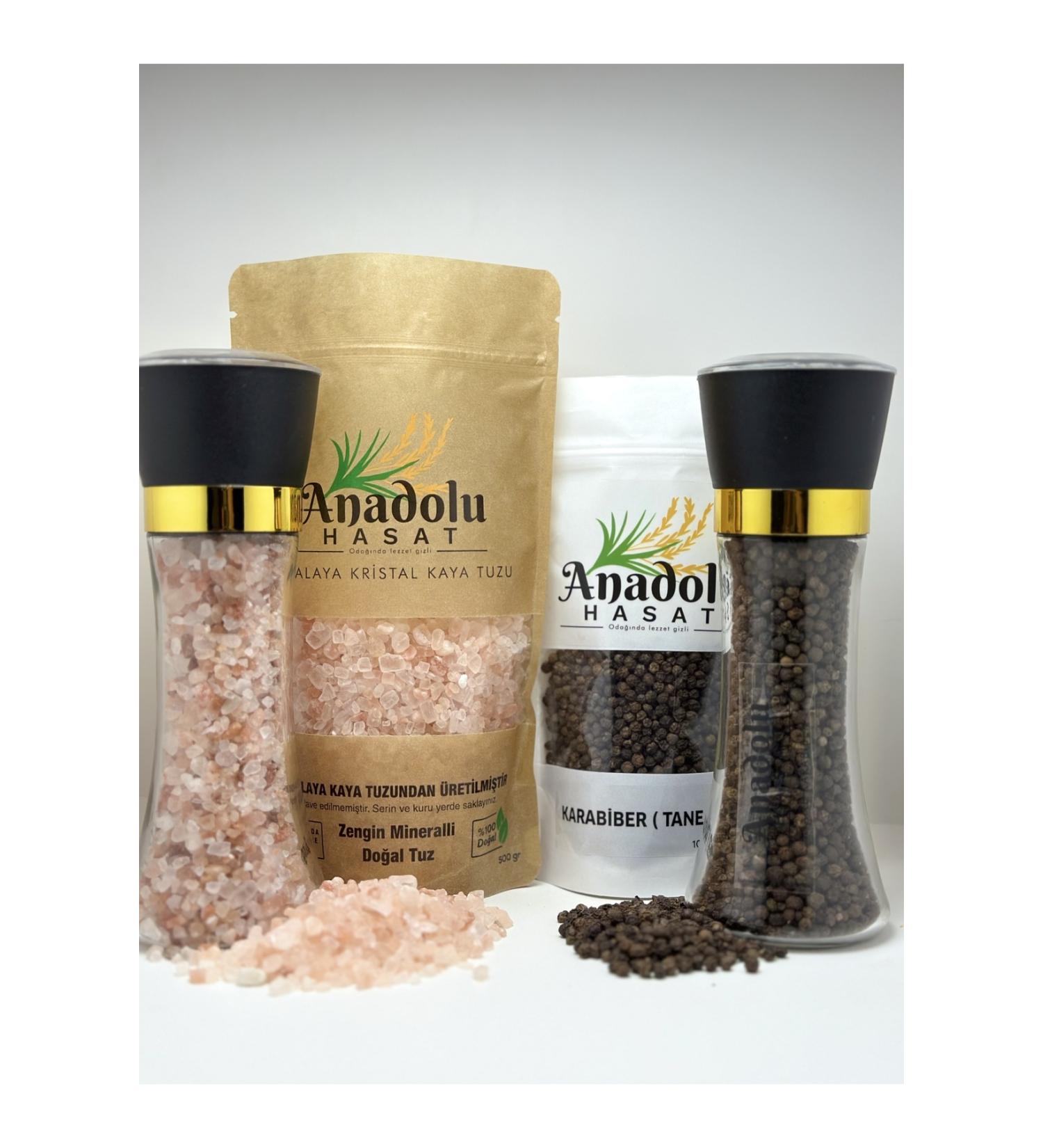 ANATOLIAN HARVEST 4-PIECE SET - HIMALAYAN TABLE GRINDING ROCK SALT 500GR + 100 GR BLACK PEPPER + 2PCS 200GR MILL - Buy Online on GoSupps.com