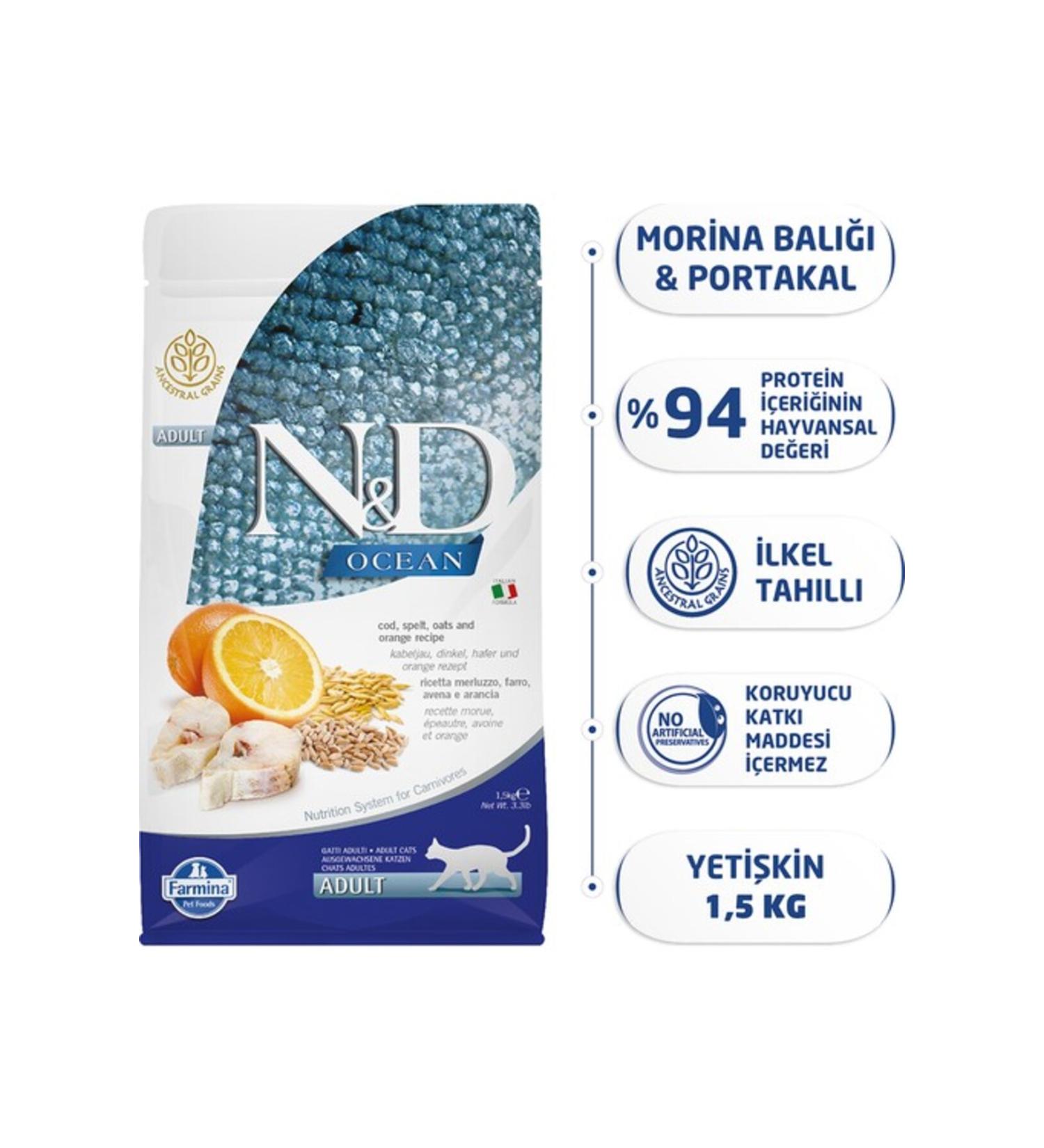 & D Ocean Codfish and Orange Ata Grain Adult Cat Food 1.5 Kg