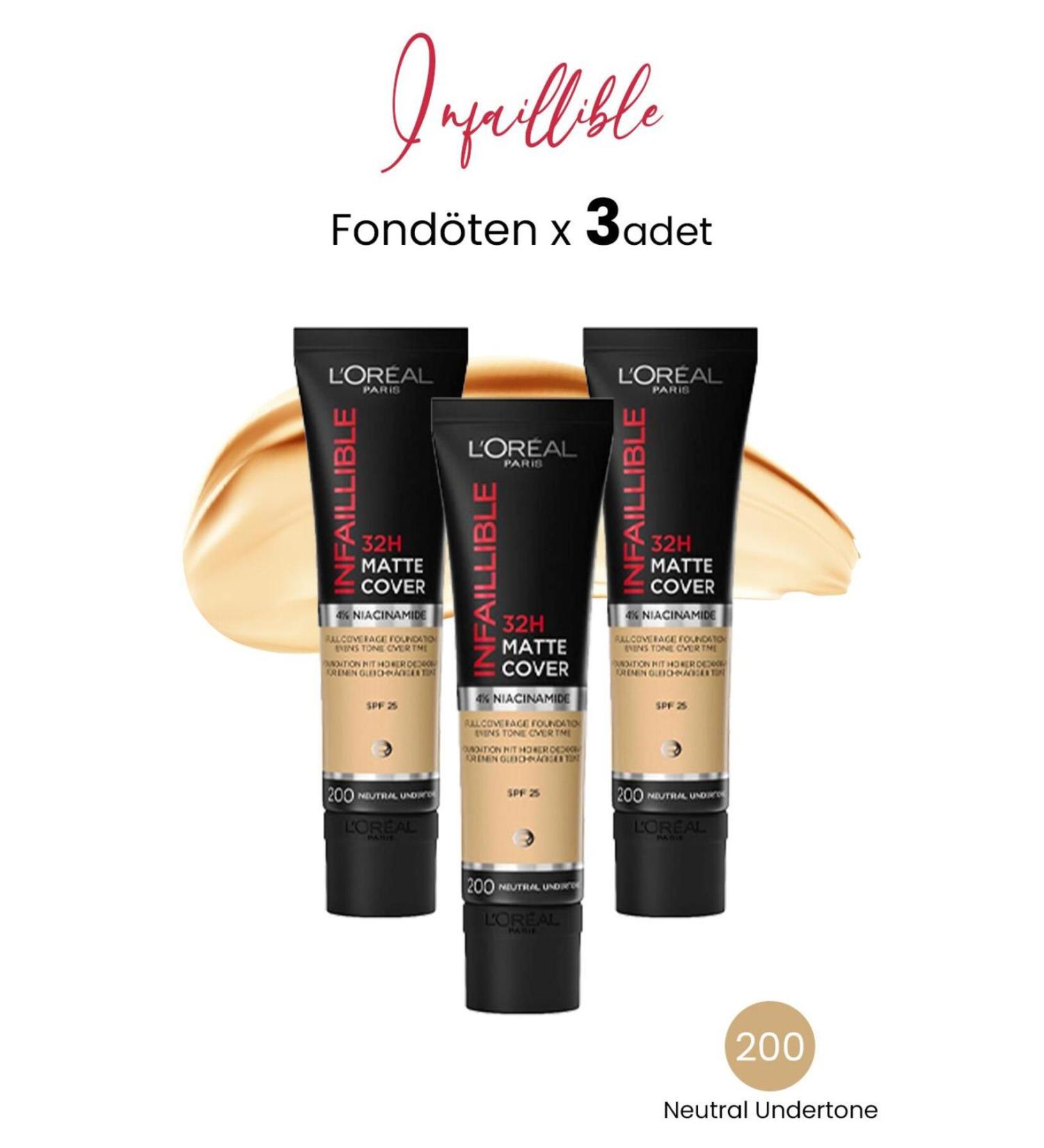 L'Oreal Paris Loreal Paris Infaillible Matte Cover Foundation SPF25 Neutral Undertone 200 x 3 Pieces