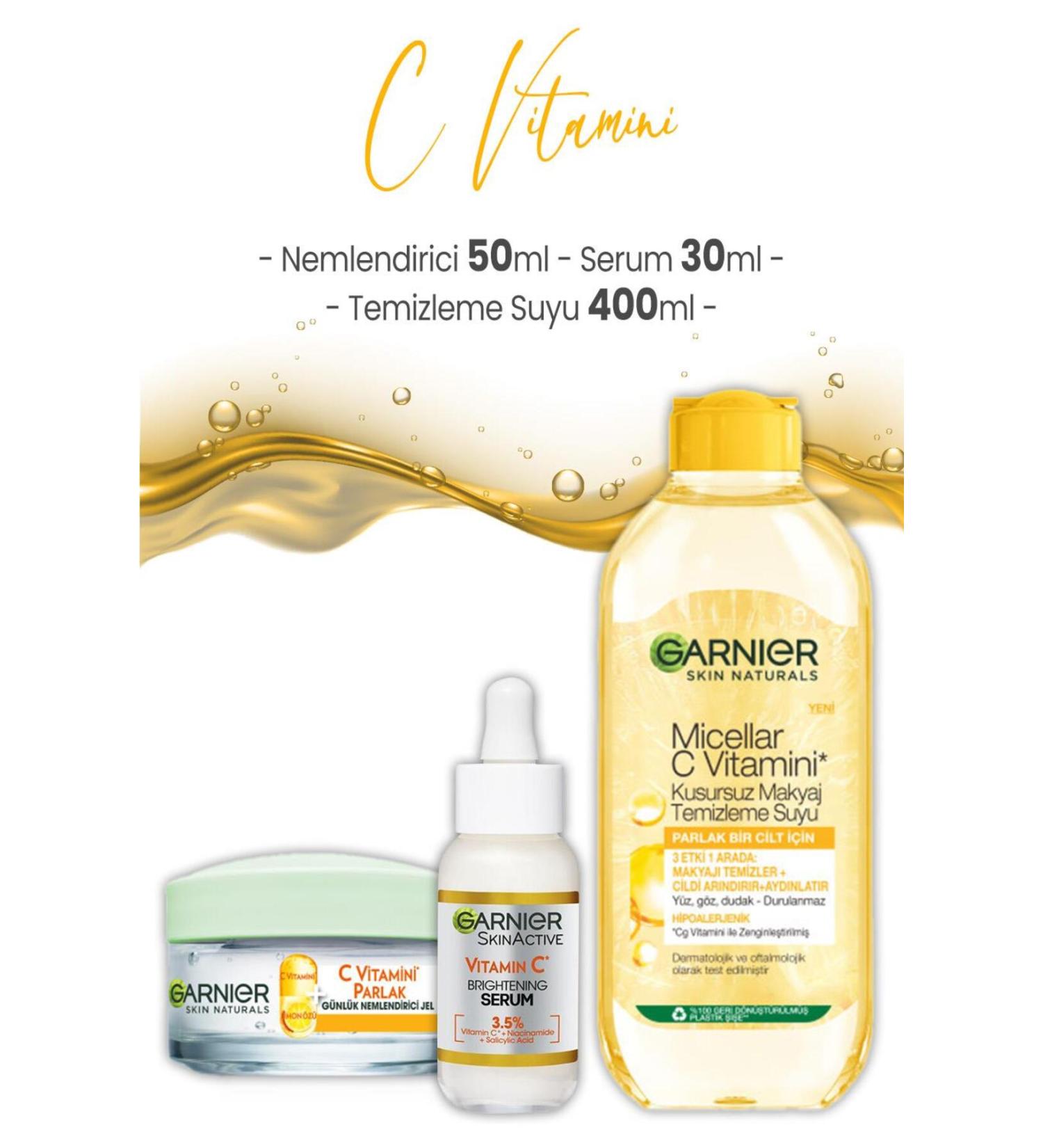 Garnier Vitamin C Serum 30 ml Moisturizer 50 ml and Cleansing Water 400 ml