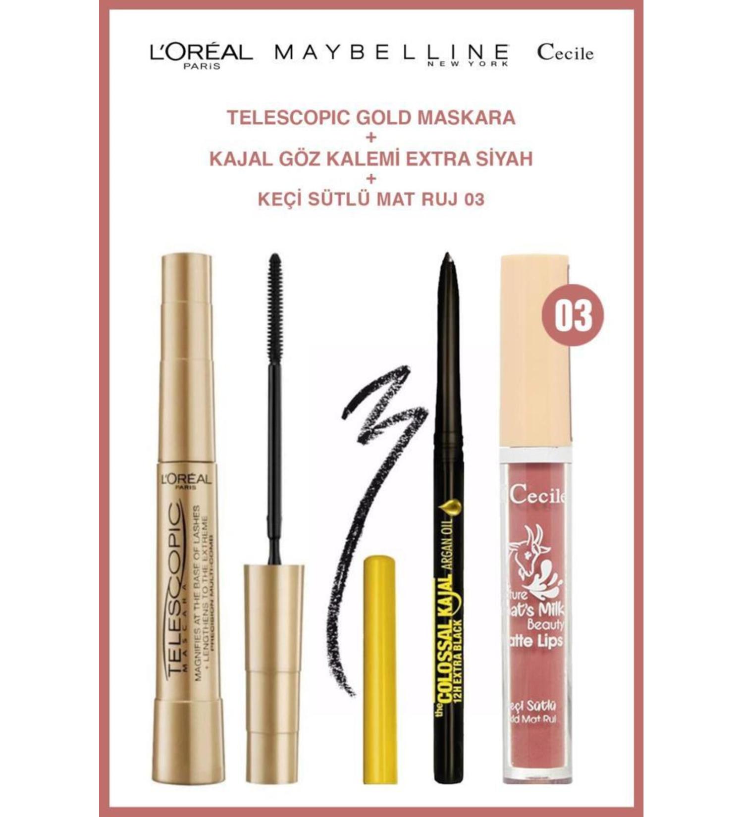 Maybelline New York Maybelline Kajal Pencil Loreal Telescopic Cecile Matte Lipstick 03 Daily Makeup Set - Buy Online on GoSupps.com