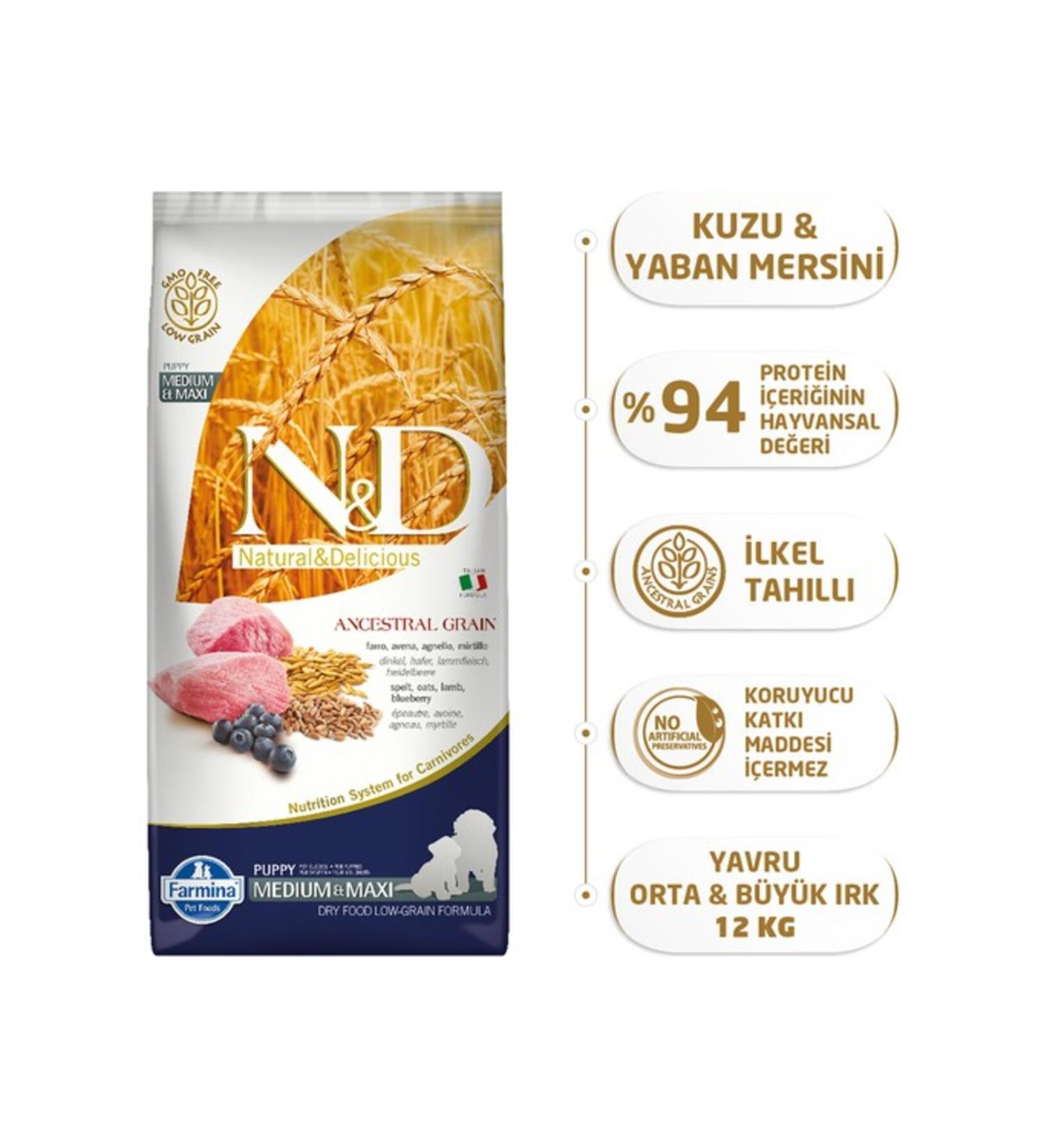 N & D Ancestral Grain Lamb Blueberry Medium and Large Breed Ancestral Grain Puppy Dog Food 12 kg