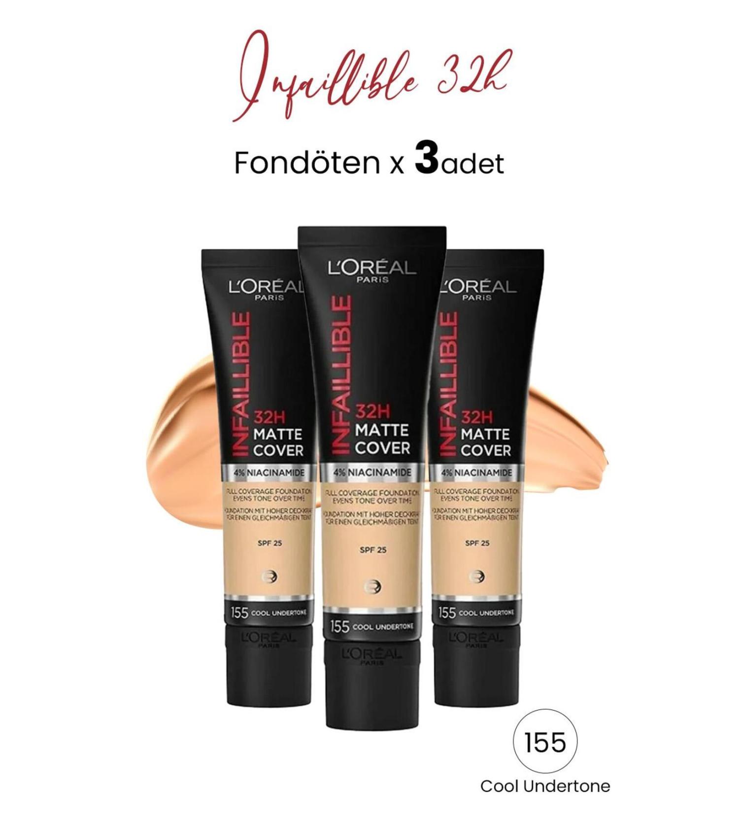 L'Oreal Paris Loreal Paris Infaillible 32H Matte Cover High Coverage Foundation - 155 Cool Undertone 30 ml x 3 Pieces