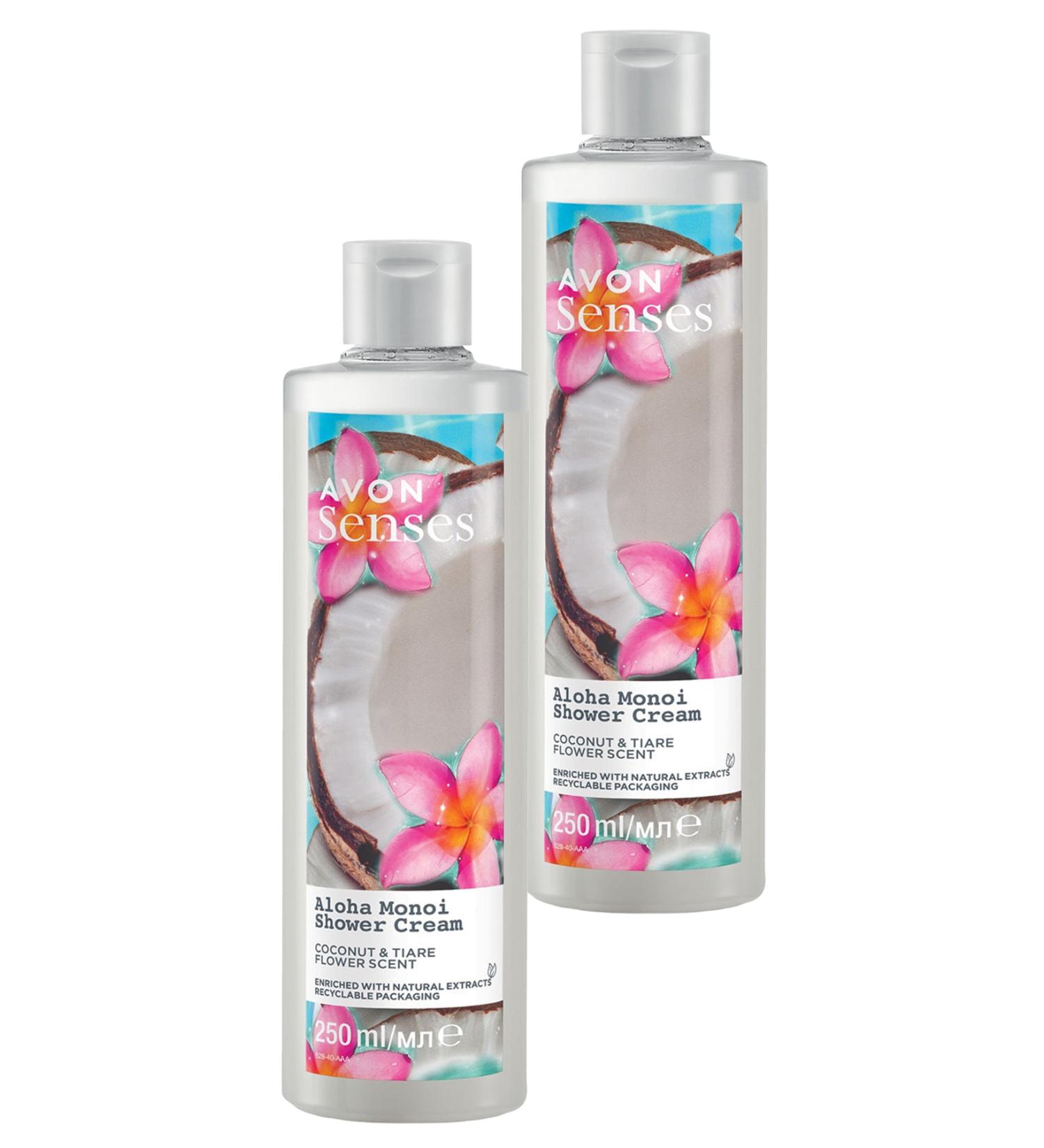 Avon Senses Aloha Monoi Tiare Flower and Coconut Scented Cream Shower Gel 250 Ml. Set of Two