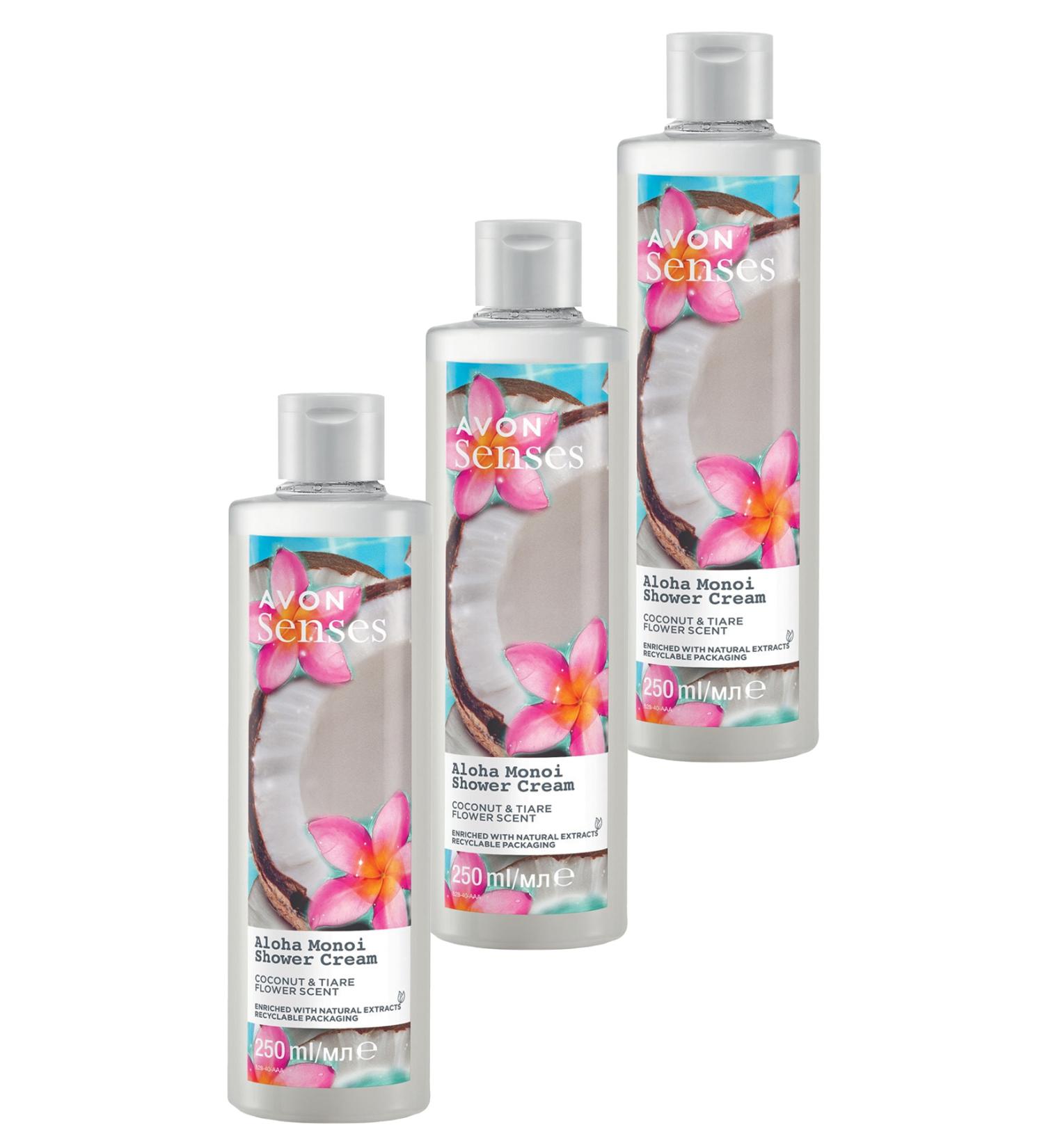 Avon Senses Aloha Monoi Tiare Flower and Coconut Scented Cream Shower Gel 250 Ml. Set of Three