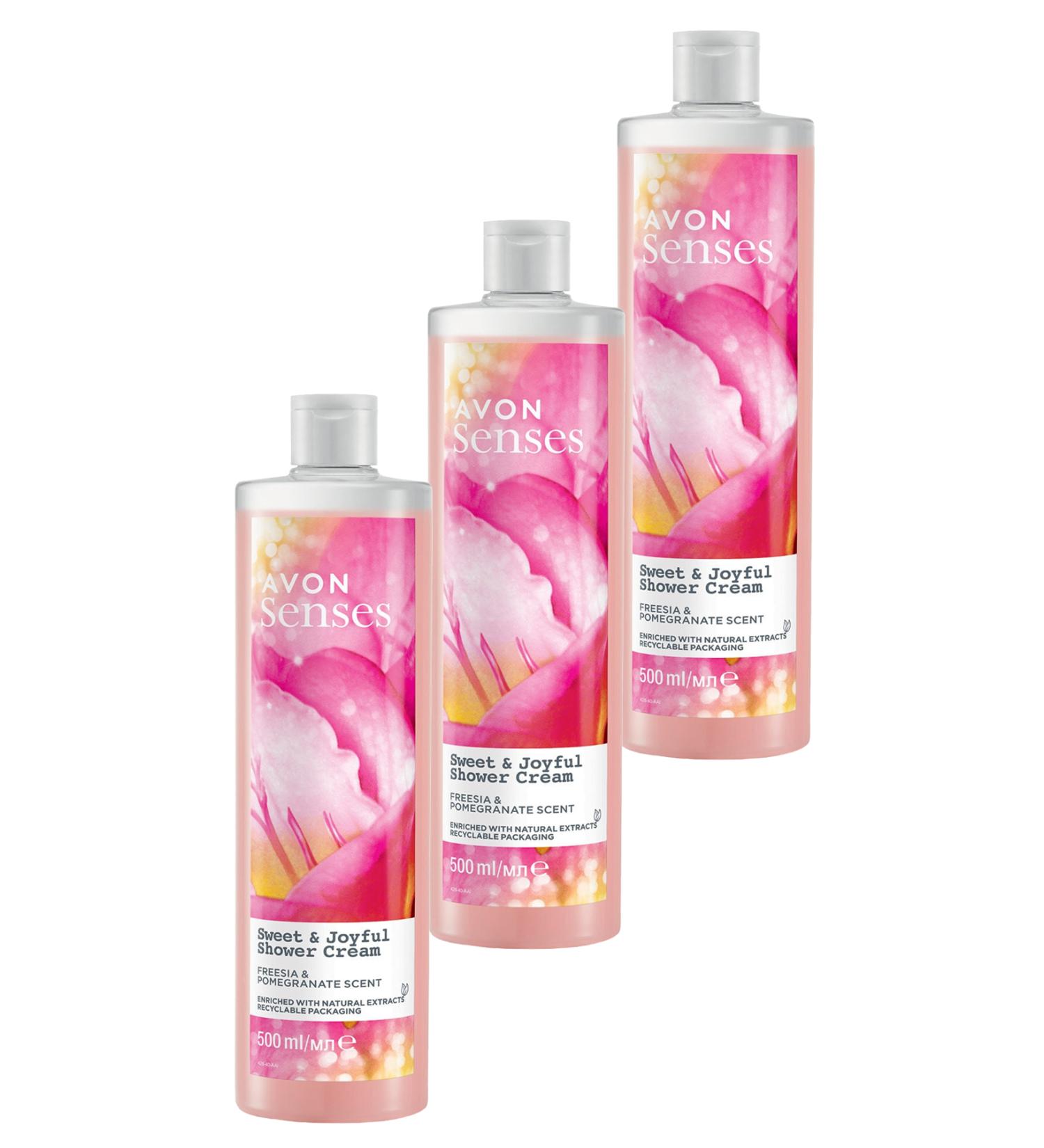 Avon Senses Sweat & Joyful Freesia and Pomegranate Scented Cream Shower Gel 500 Ml. Set of Three