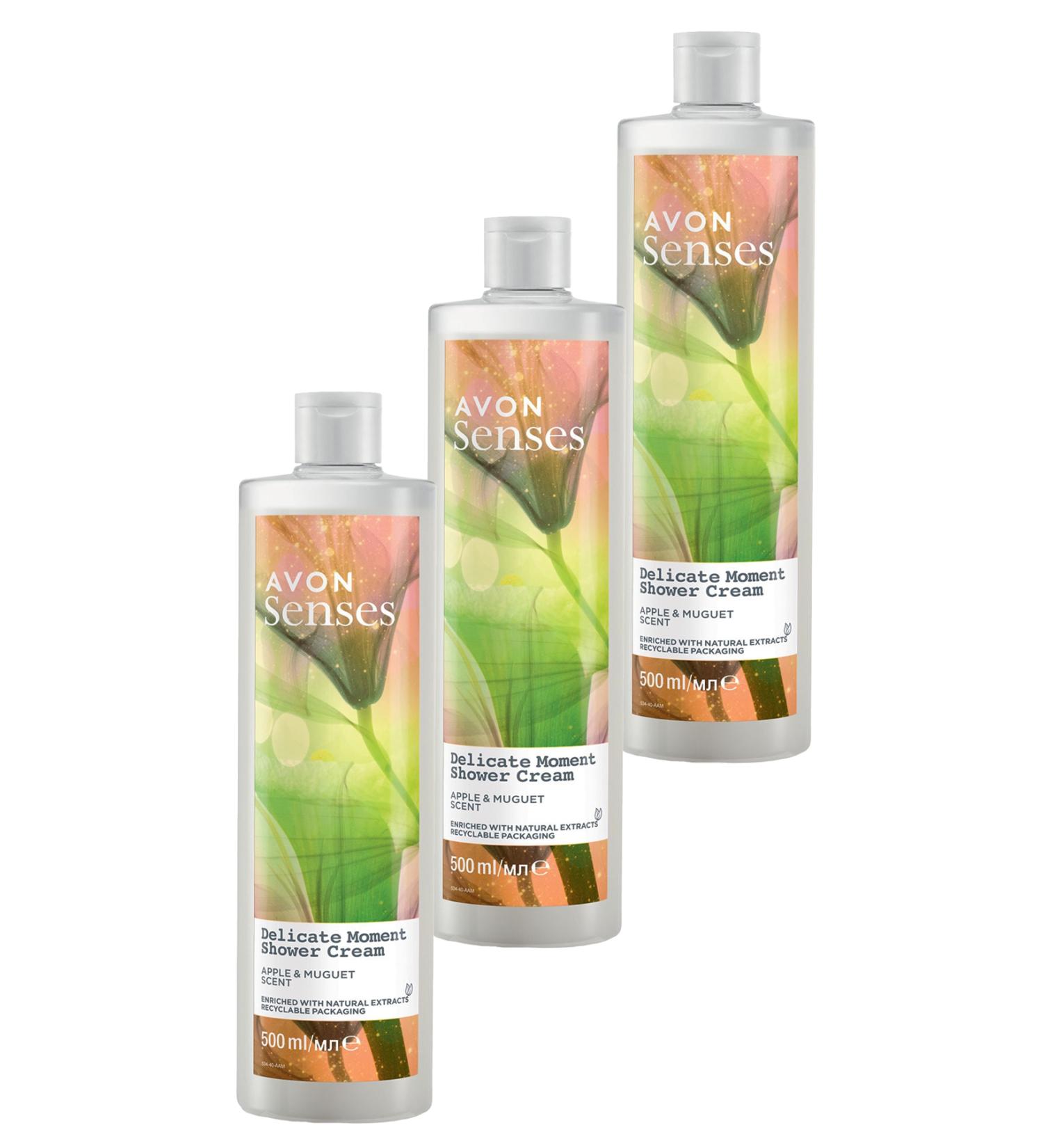 Avon Senses Delicate Moment Apple and Lily Scented Cream Shower Gel 500 Ml. Triple Set