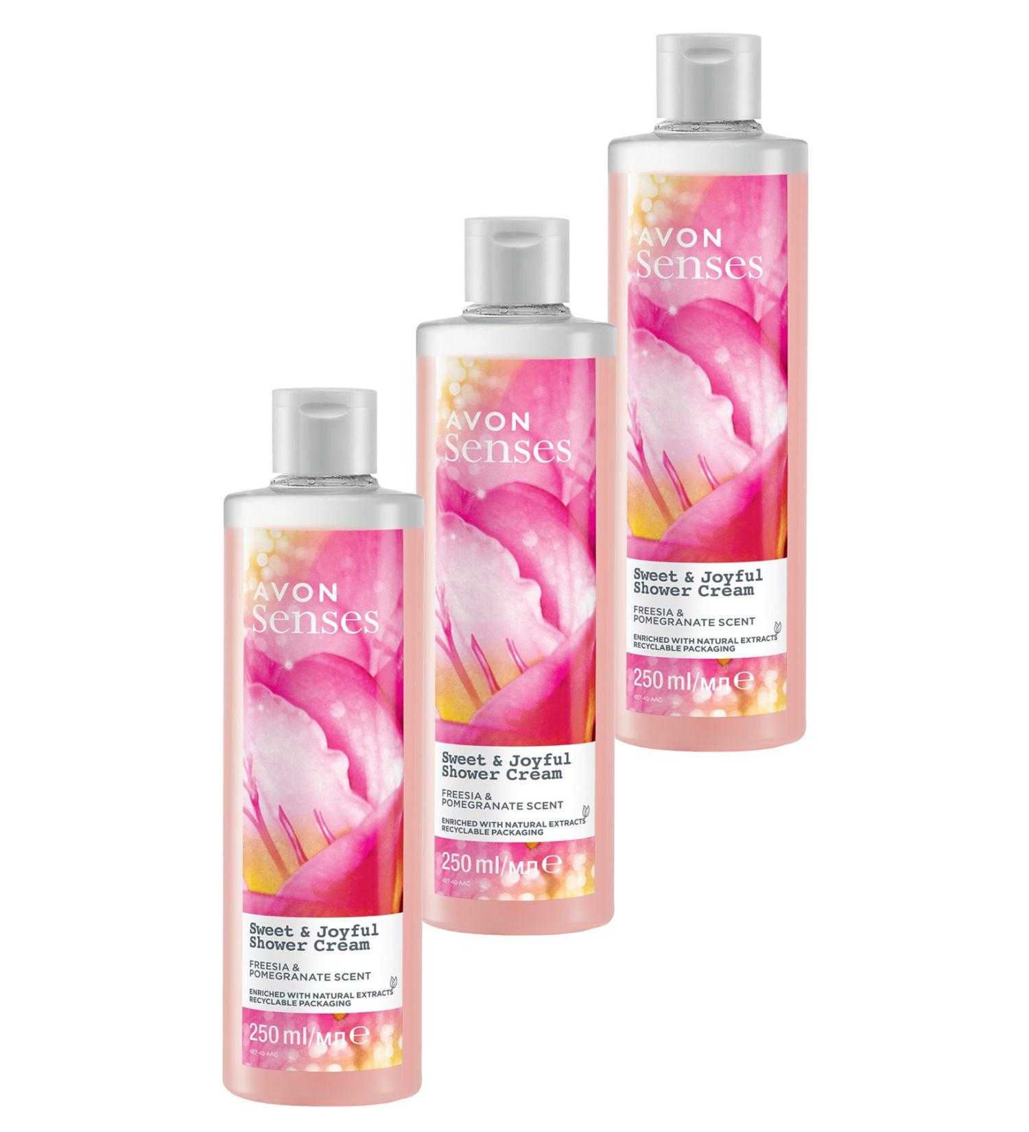 Avon Senses Sweat & Joyful Freesia and Pomegranate Scented Cream Shower Gel 250 Ml. Set of Three