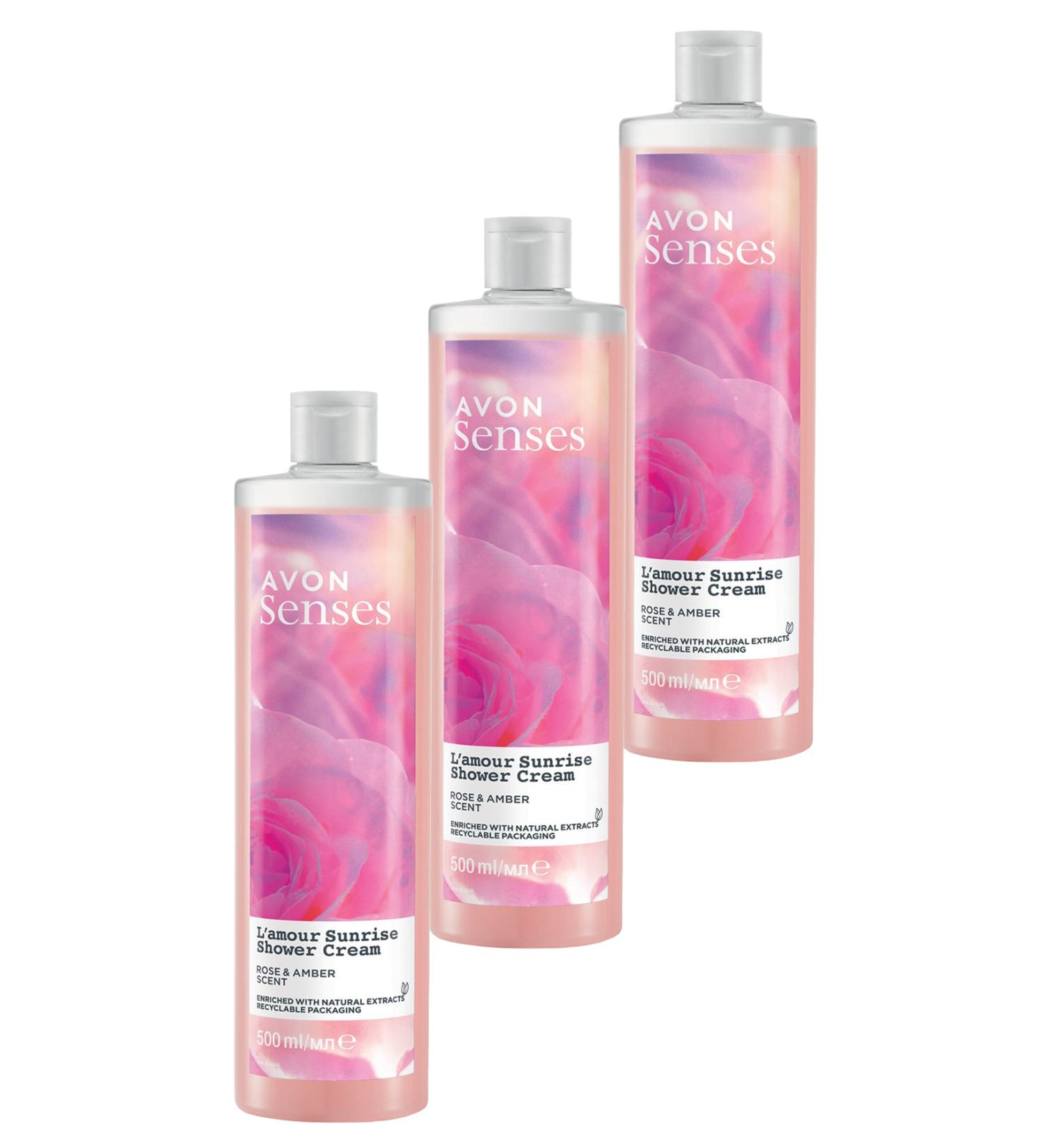 Avon Senses L'amour Sunrise Rose and Amber Scented Cream Shower Gel 500 Ml. Set of Three