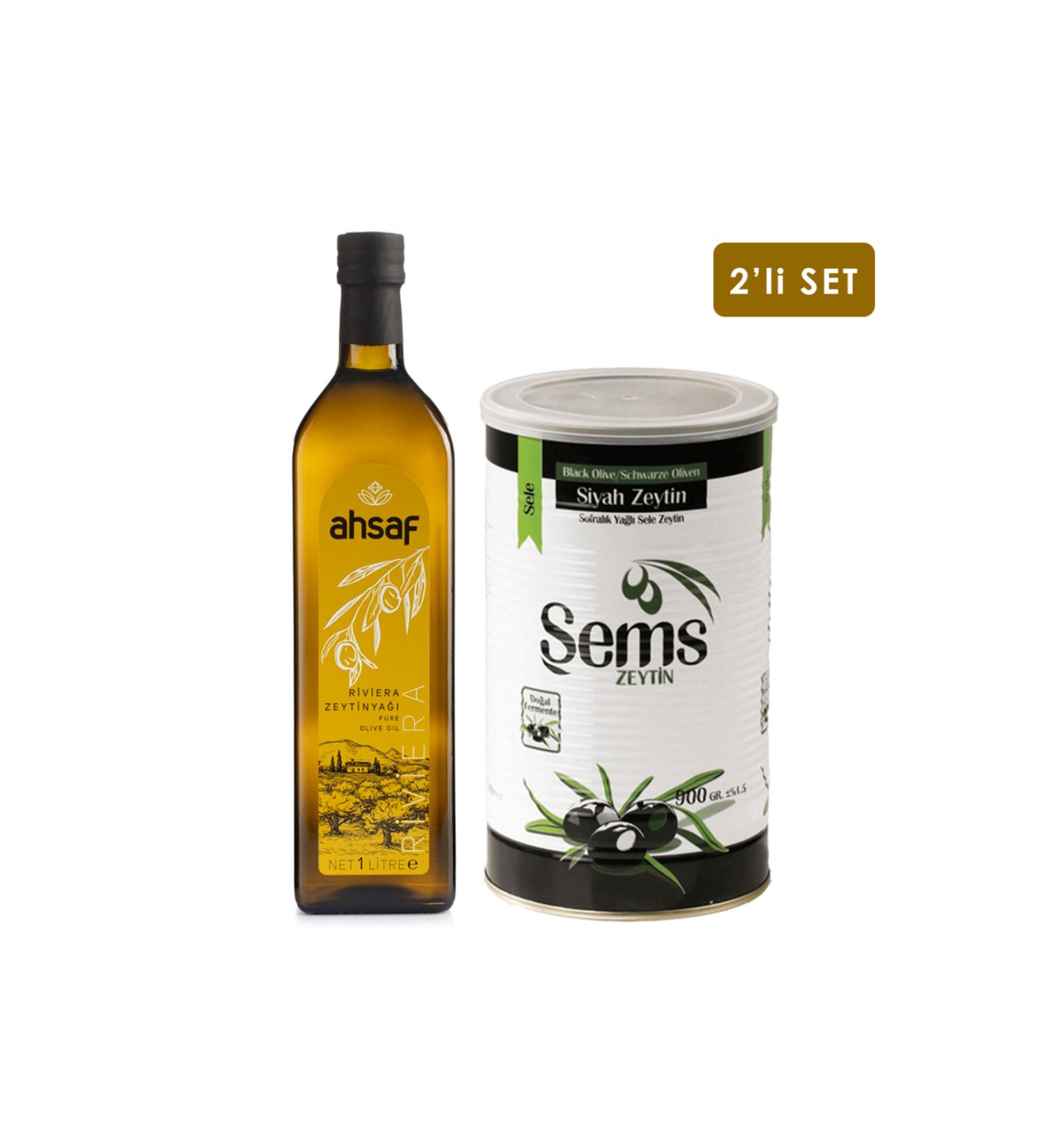 Wood Riviera Olive Oil 1L Glass + Oily Black Olives 900 Gr 231-260 Caliber (Economic Package of 2)