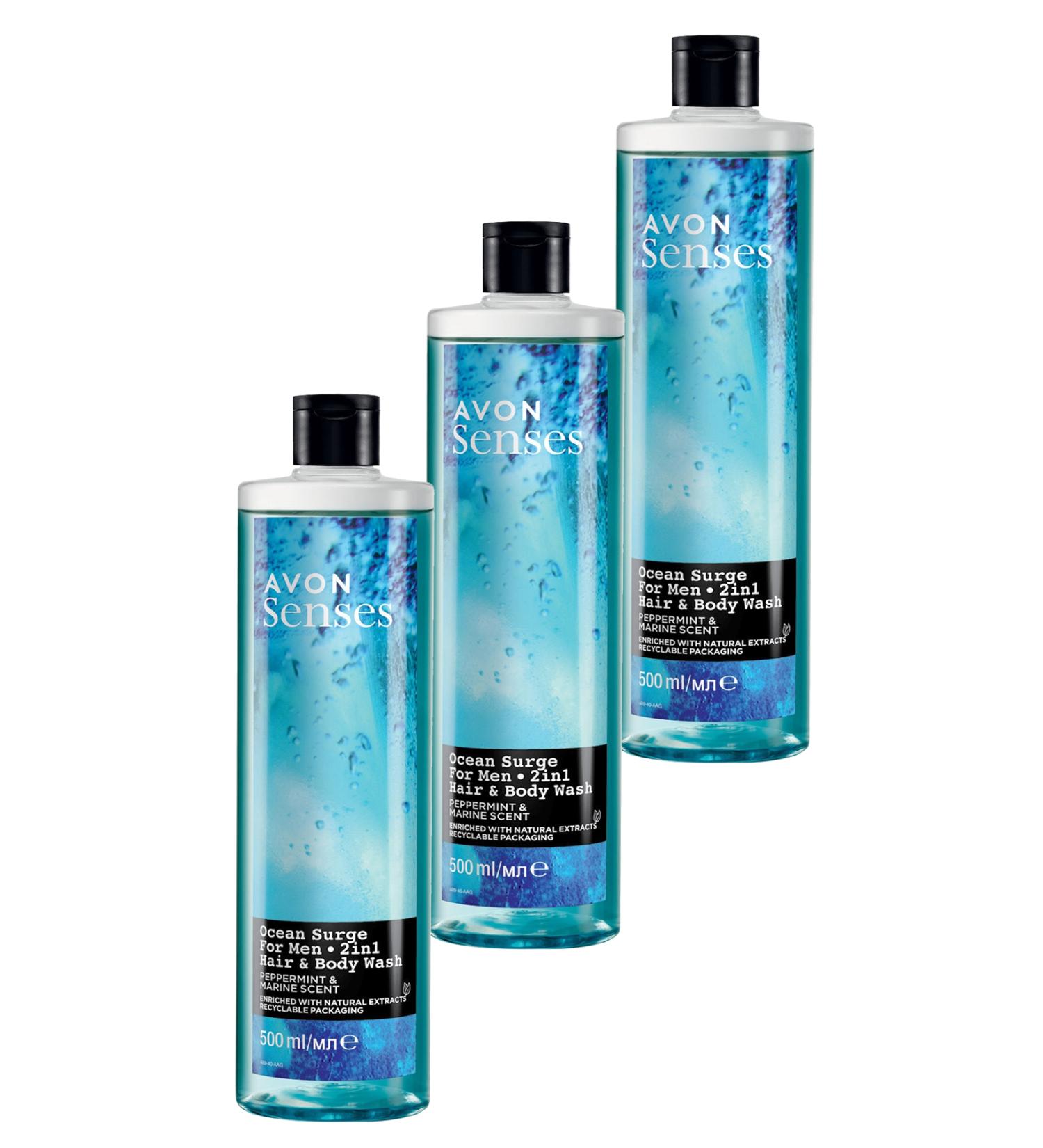 Avon Senses Ocean Surge Mint and Sea Scented Hair and Body Men's Shower Gel 500 Ml. Set of Three