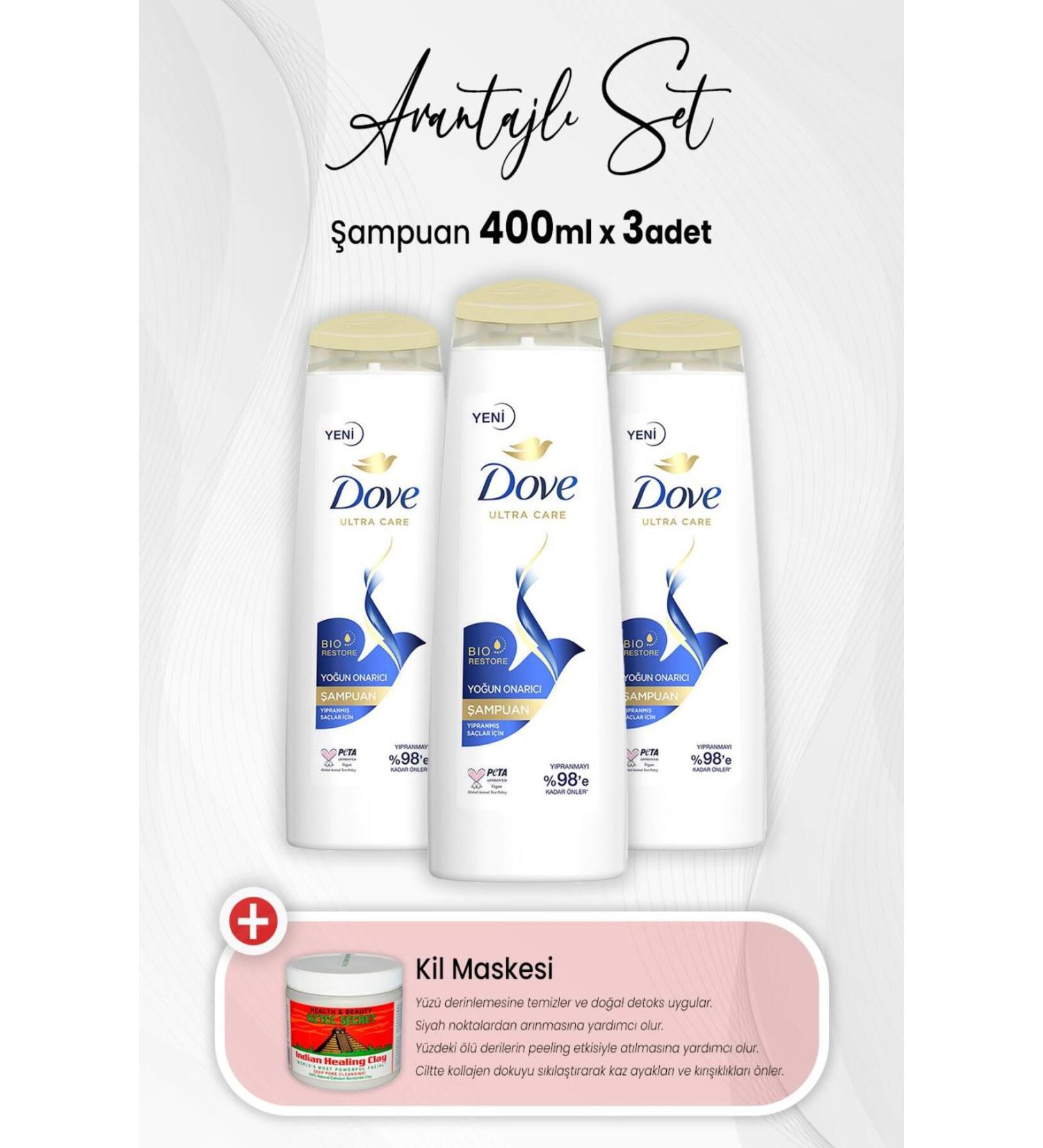 Dove Ultra Care Intensive Repair Shampoo 400 ml x 3 Pieces and Clay Mask