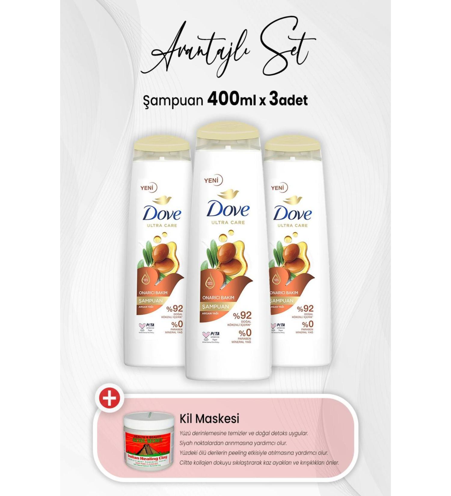 Dove Ultra Care Repairing Care Argan Oil Shampoo 400 ml x 3 Pieces and Clay Mask