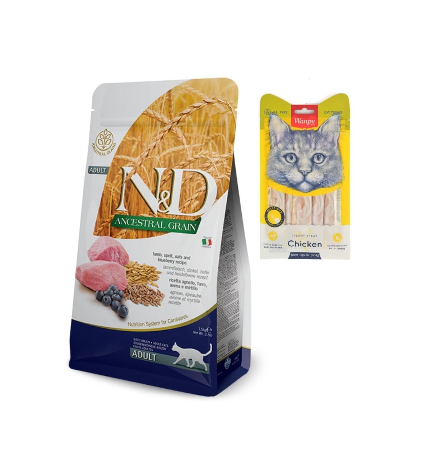 N & D Low Grain Lamb Blueberry Adult Cat Food 1.5 kg + wanpy Chicken Liquid Cat Reward 5x14 g