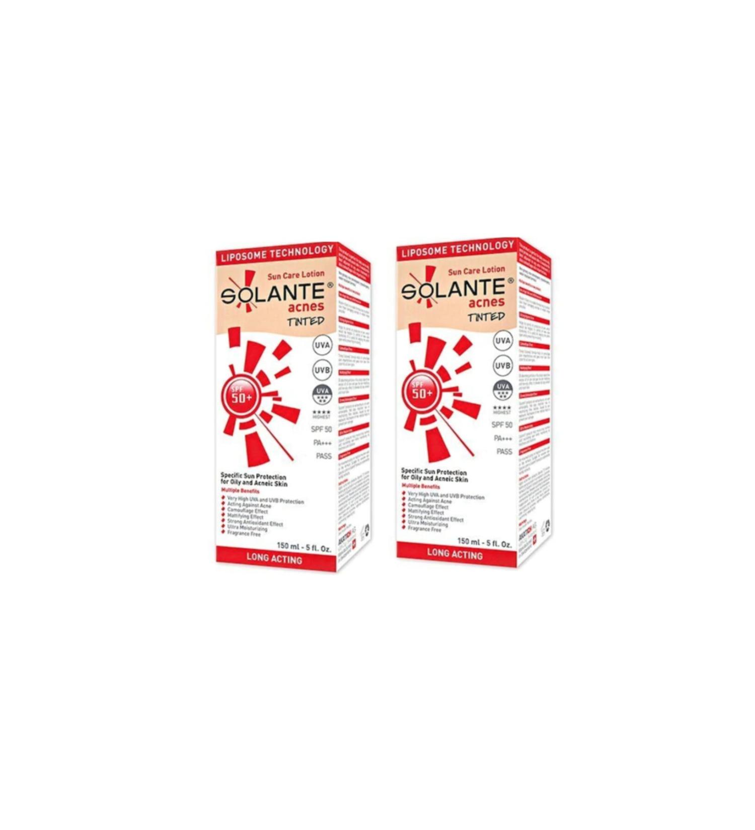 Solante Acnes Tinted Lotion Spf 50+ 150 Ml X2 Pieces - Oil-Free Tinted Sunscreen Lotion for Acne-Prone Skin