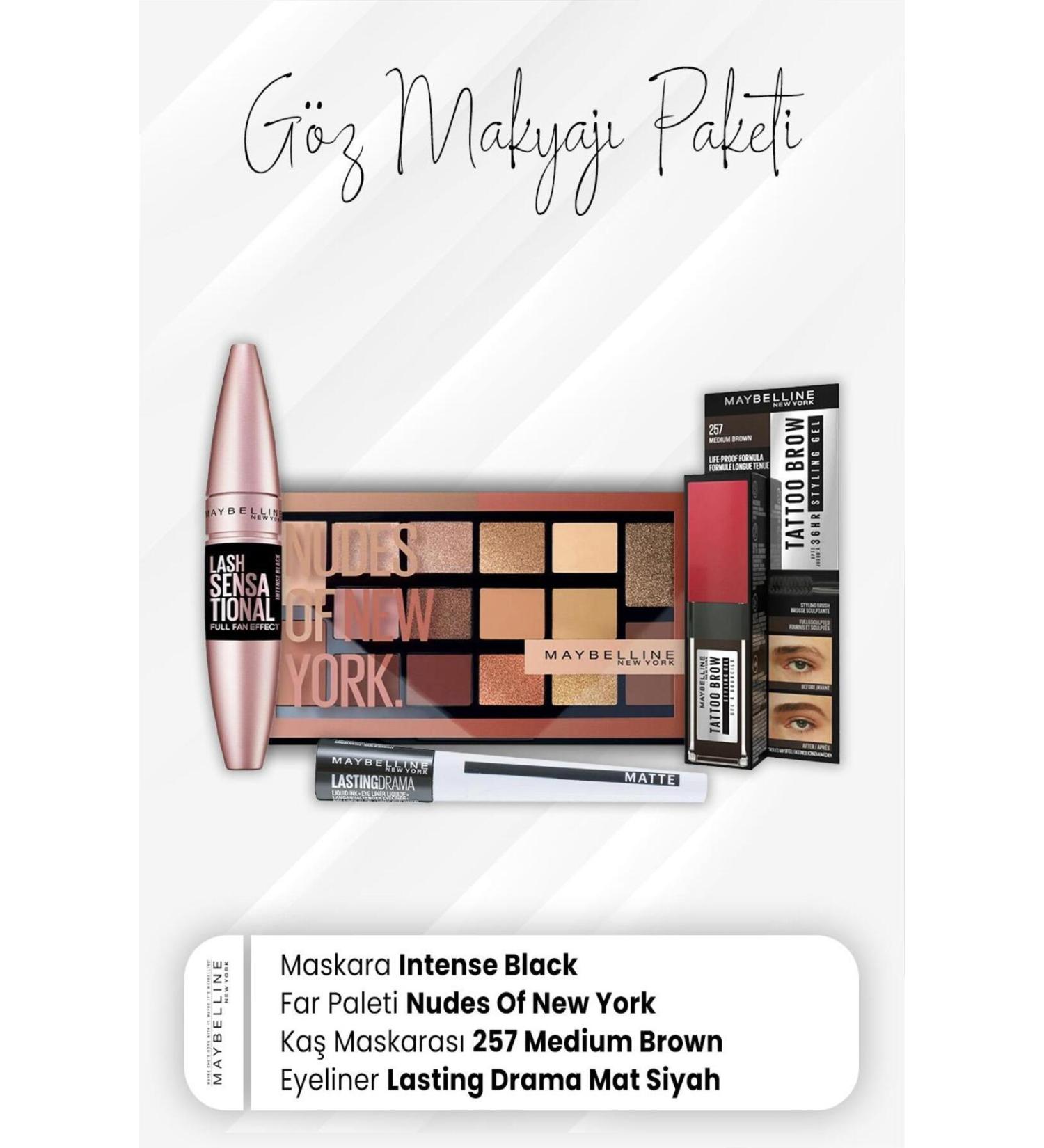 Maybelline New York Drama Eyeliner Matte Black Tatto Brow Spoolie 257 Eyeshadow Palette 010 and Full Fan Mas