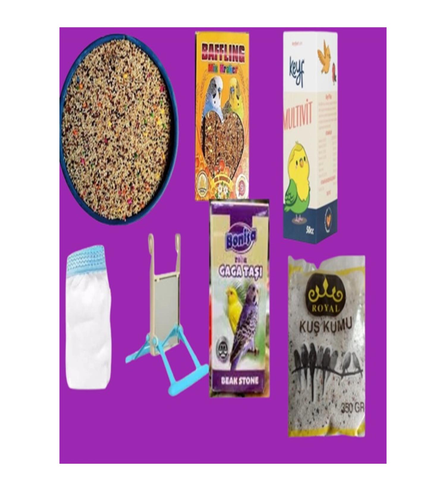 Budgie bird food Open 2 kg + Honey Cracker 10 pieces + Mirrored Swing + Vitamin + Bird sand + Cage Net L