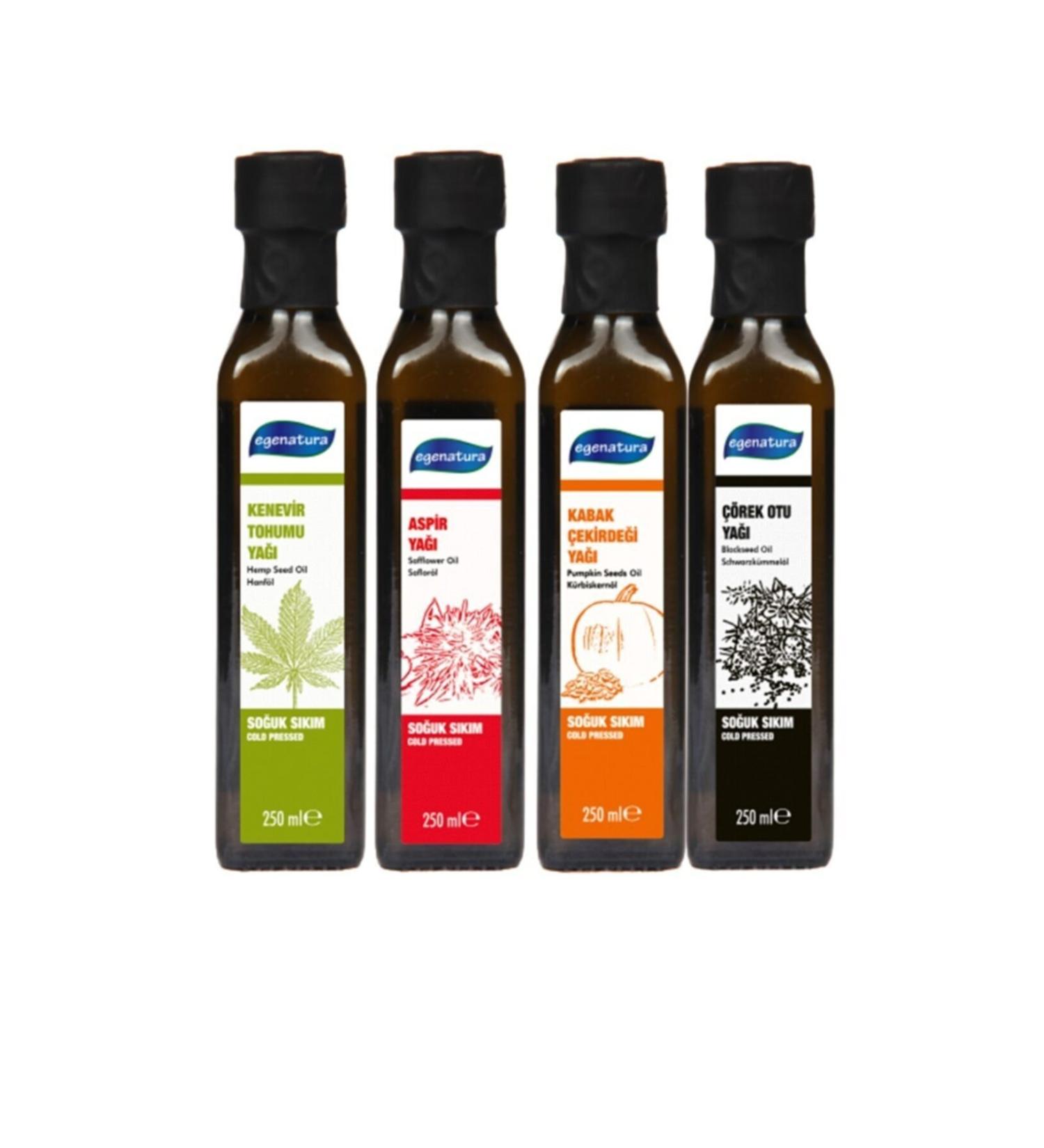 egenatura Cold Pressed Hemp + Aspir + Pumpkin Seed Oil + Grape Seed Oil 4x250 Ml Glass Bottle 4 Piece Special Set - Buy Online on GoSupps.com