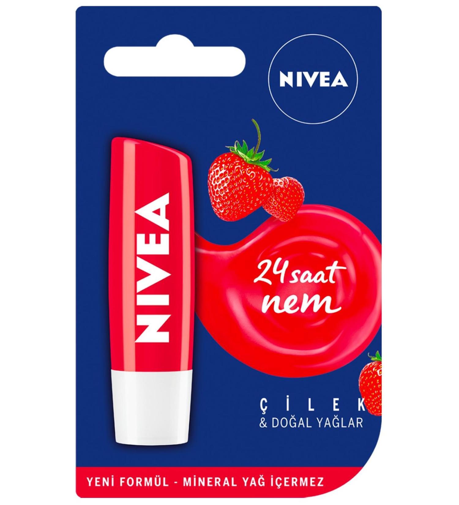 NIVEA Nivea Strawberry Lip Care Cream 4.8 Gr 24 Hour Moisture Lip Care Strawberry Scent Light Red Shine
