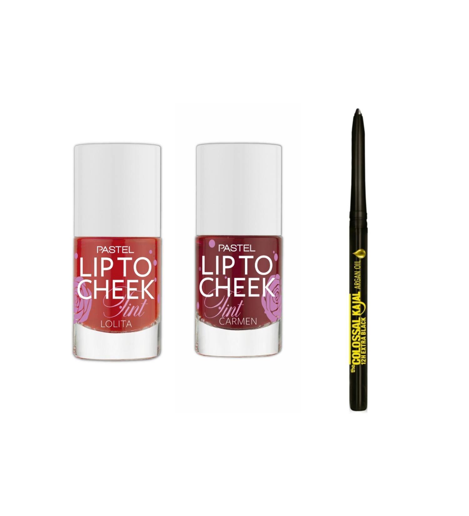 Pastel Lip To Cheek Carmen and Lolita Lipstick and Blush 2 Piece Set + Maybelline Kajal Eyeliner Black