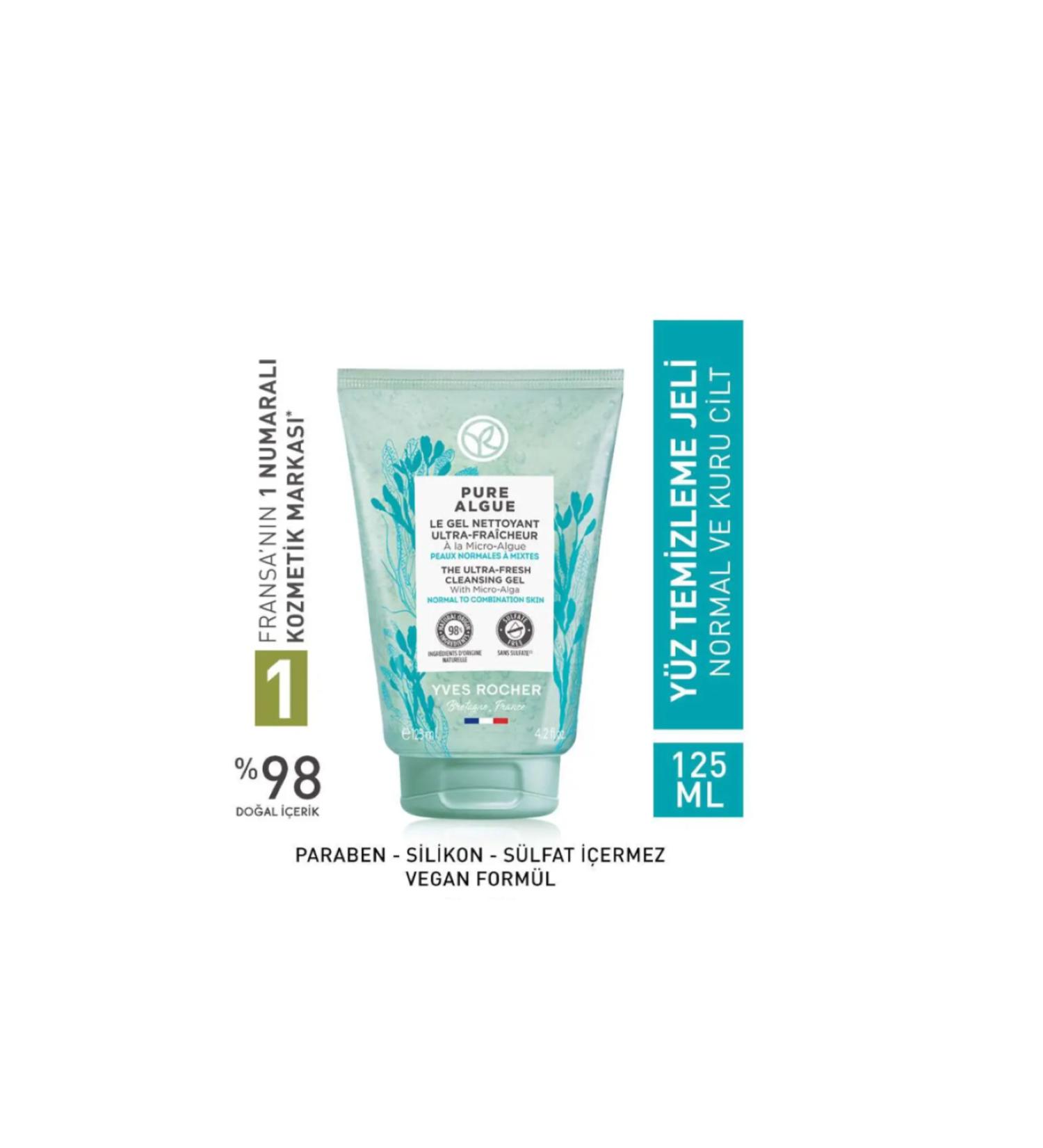 Yves Rocher Face Wash Gel Pure Algue Detoxifying Moisturizing and Revitalizing Prebiotic 125 ml