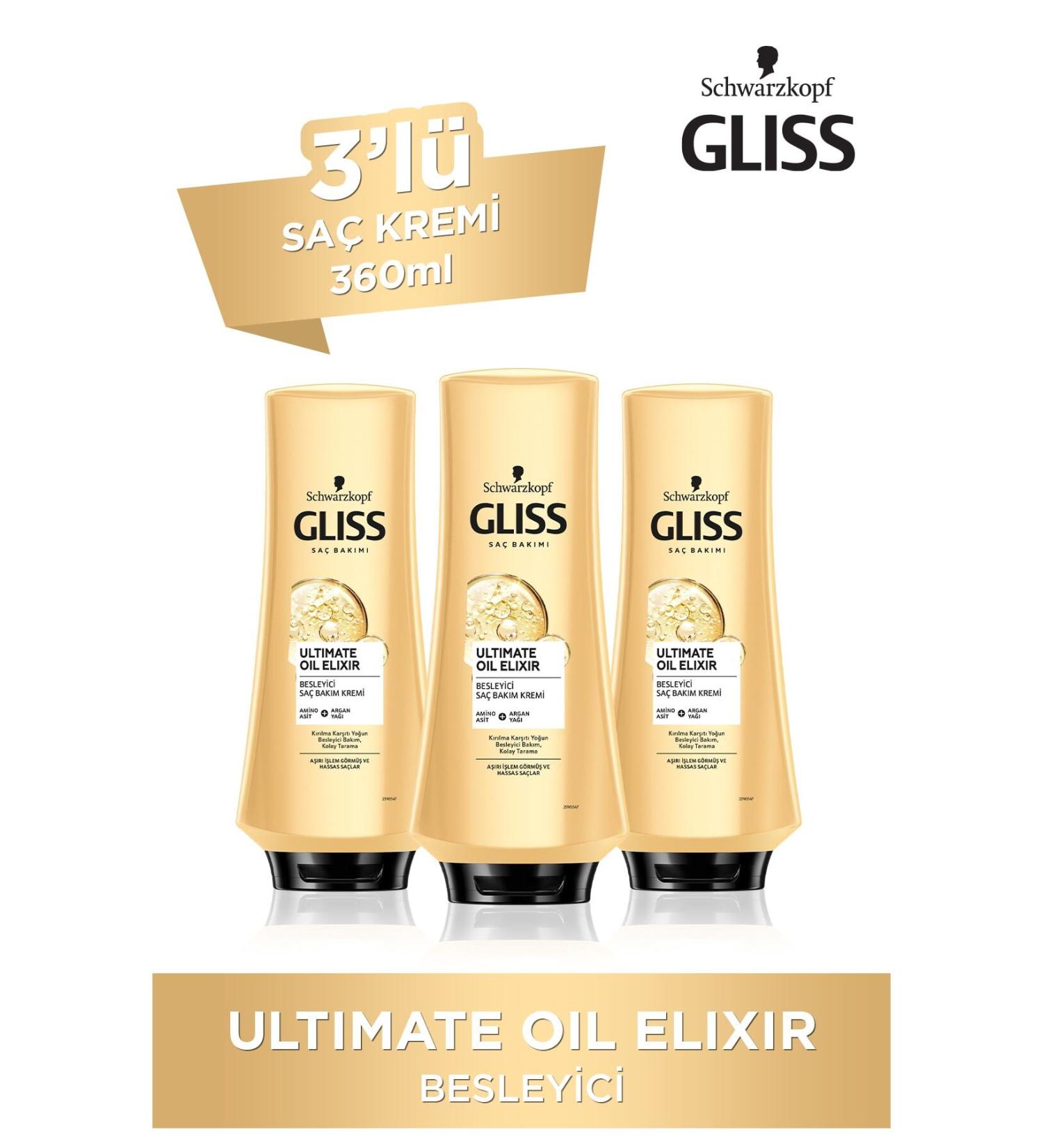 Gliss Ultimate Oil Elixir Nourishing Hair Care Cream - With Amino Acids and Argan Oil 360 ml X 3 Pieces