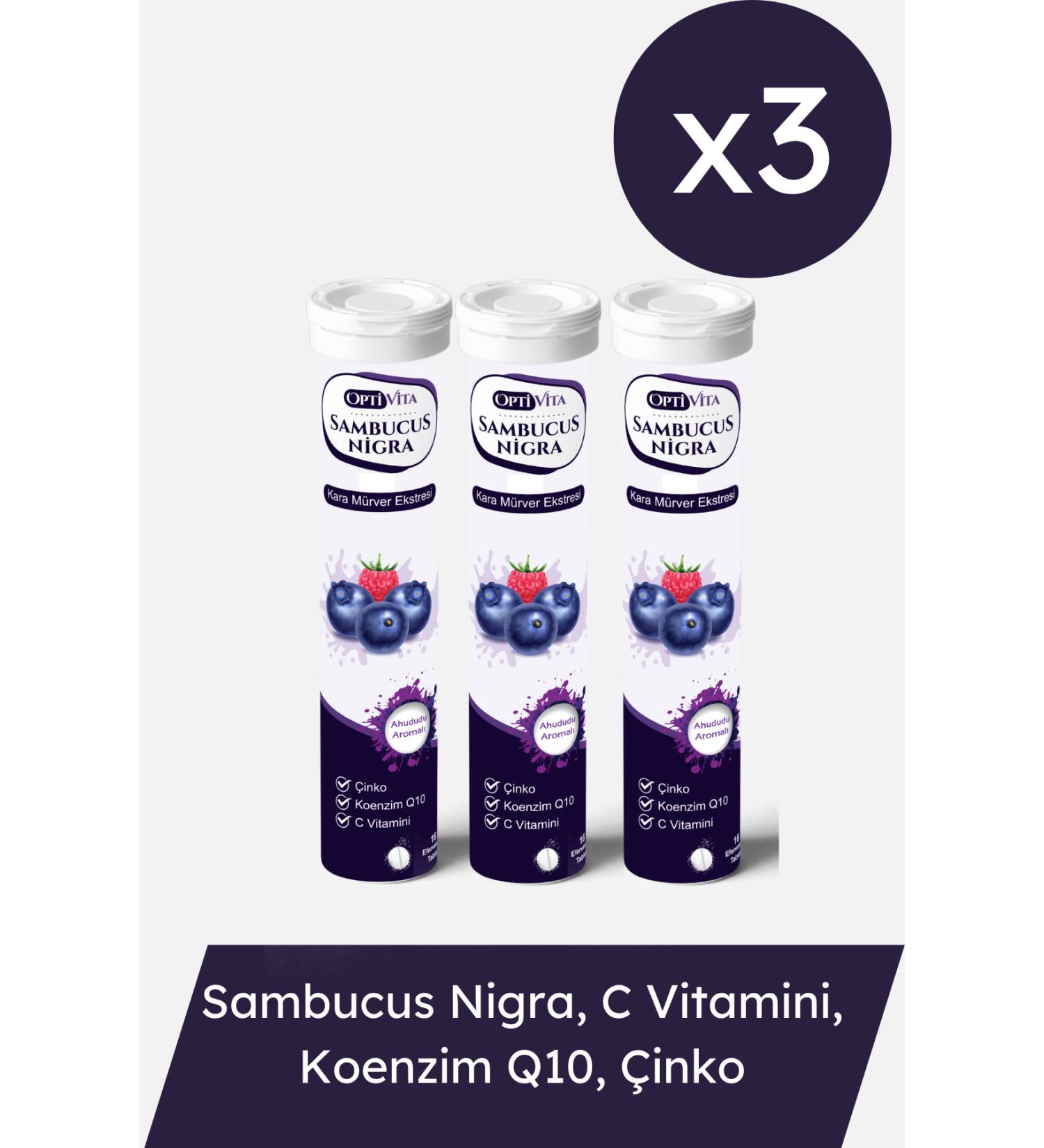 Optivita Sambucus Nigra 16 Effervescent Tablets 3 Pieces | Black Elderberry Extract Zinc Vitamin C Coenzyme Q10 - Buy Online on GoSupps.com