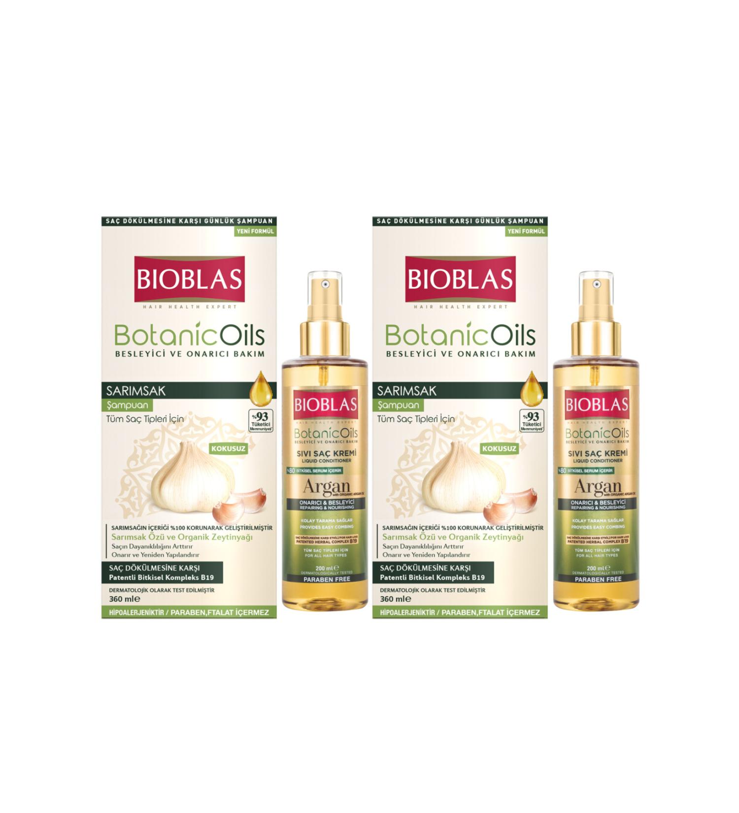 Bioblas Botanic Oils Shampoo Garlic 360ml + Argan Liquid Hair Conditioner 200ml X 2 Pieces