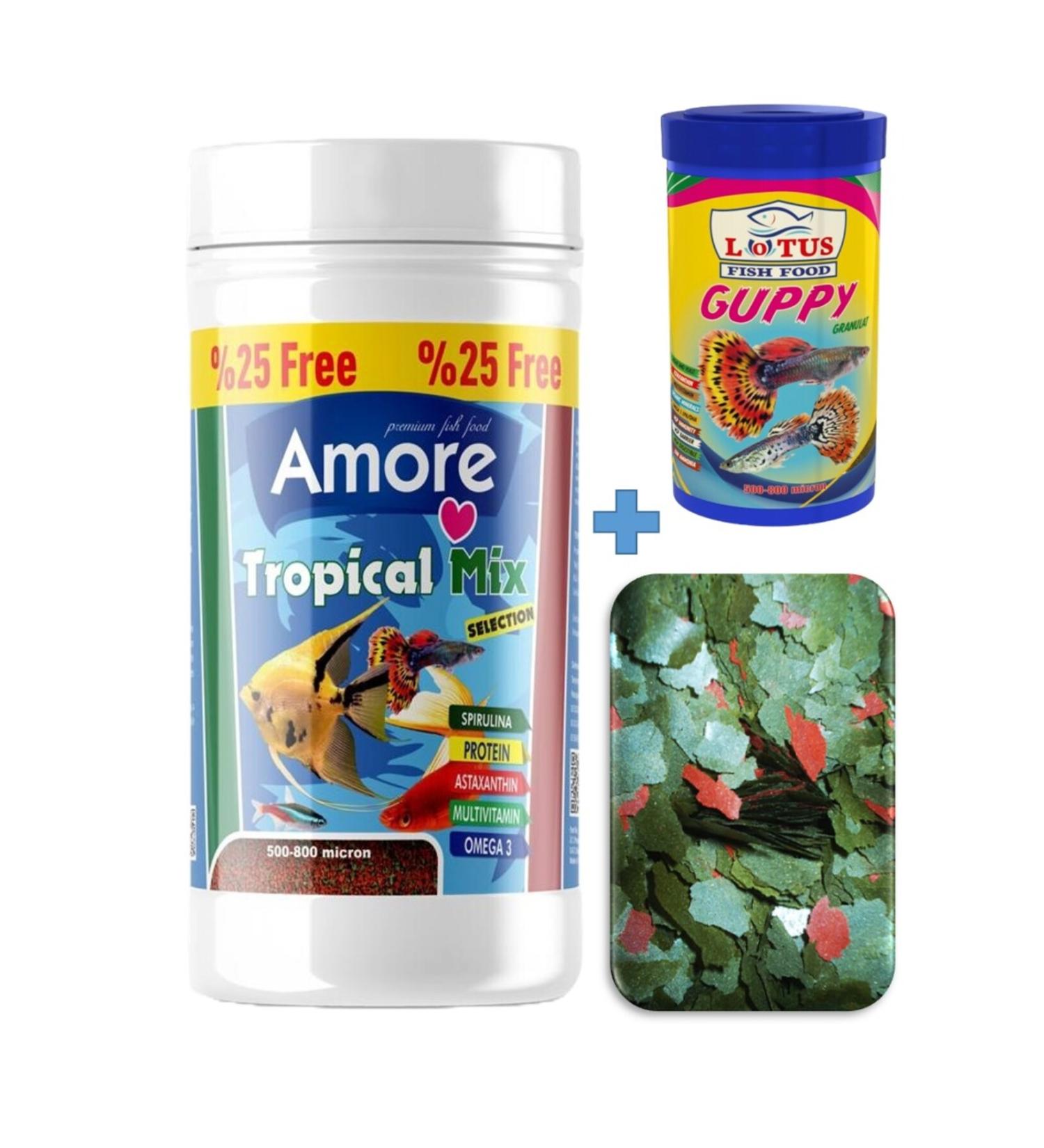AMORE Tropical Mix Selection 125ml Sera Flora 30gr Lotus Guppy 100ml Tropical Fish Food Set