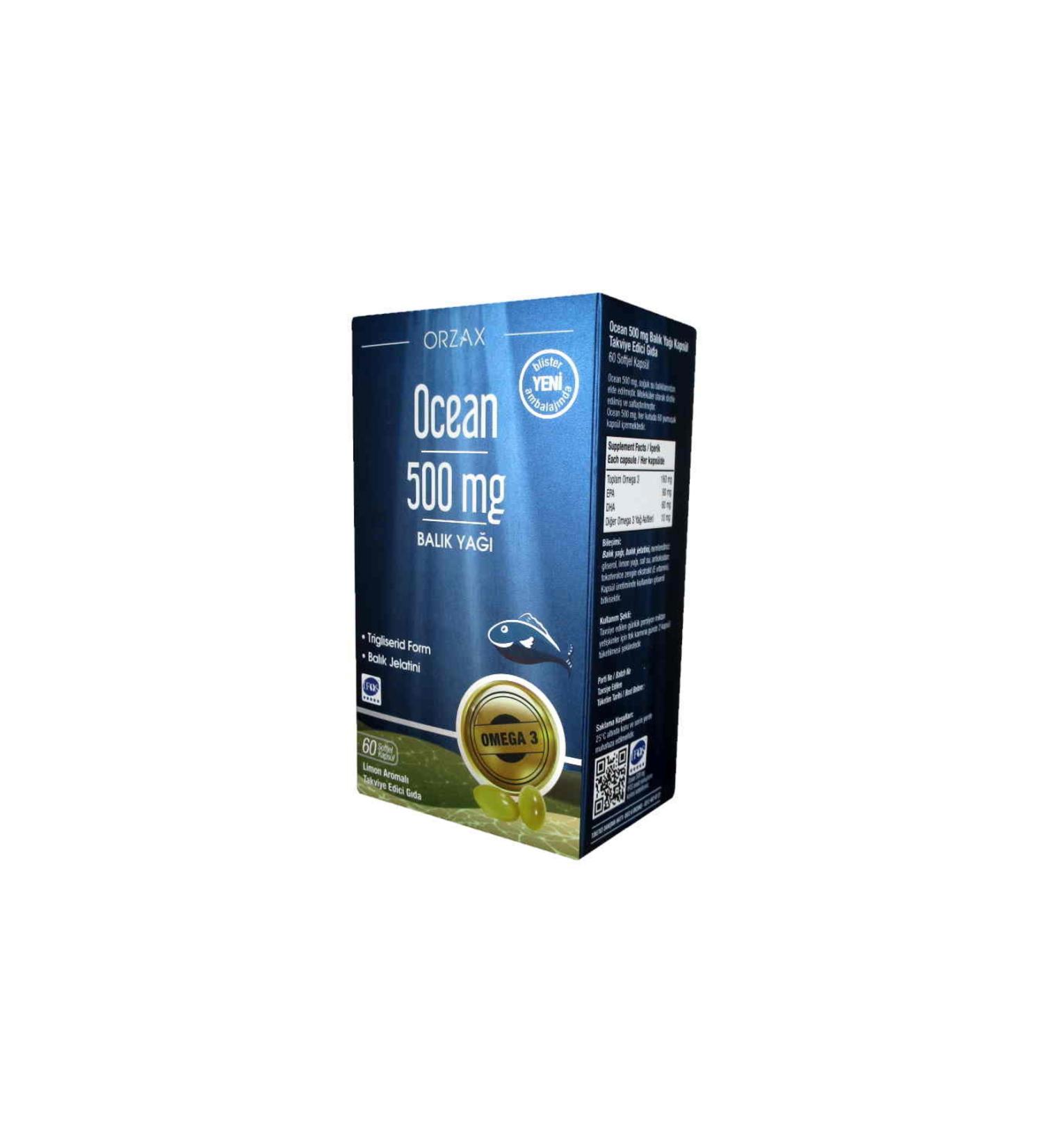 Ocean Omega-3 Fish Oil 500 mg 60 Capsules Pure Fish Oil Containing Supplementary Food