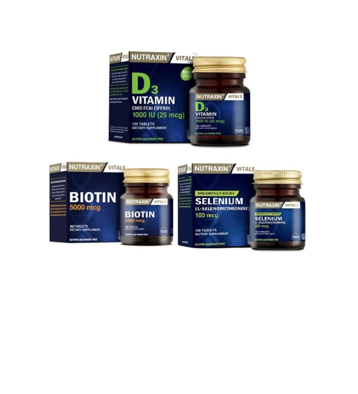 Nutraxin Biotin Hair Vitamin 30 Tablets Selenium 100mcg 100 Tablets Vitamin D3 120 Tablets