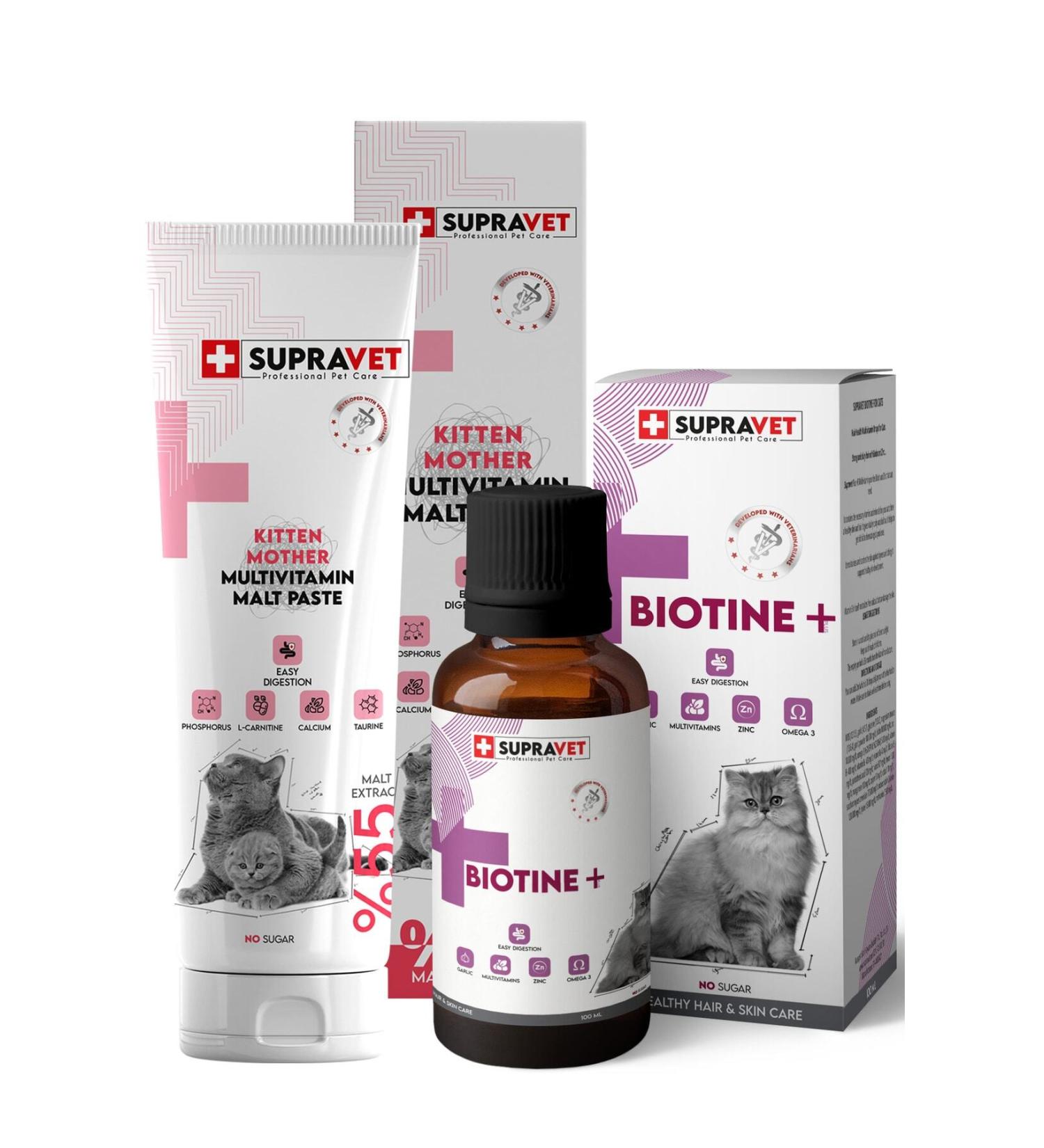 Supravet Set-2 Mother Kitten Malt Paste 100 Gr + Biotine Hair Loss Prevention Drops 100 Ml - Buy Online on GoSupps.com