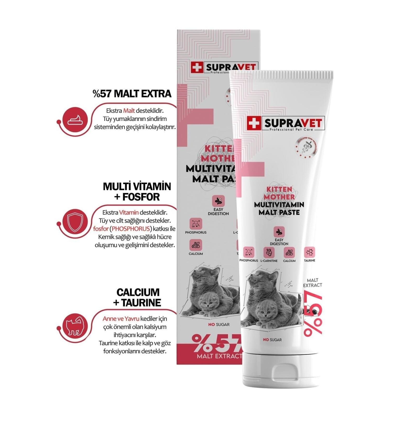 Supravet Calcium and Taurine Multi Vitamin Cat Paste for Pregnant and Kitten Cats 100 Gr. (W Extra Malt)
