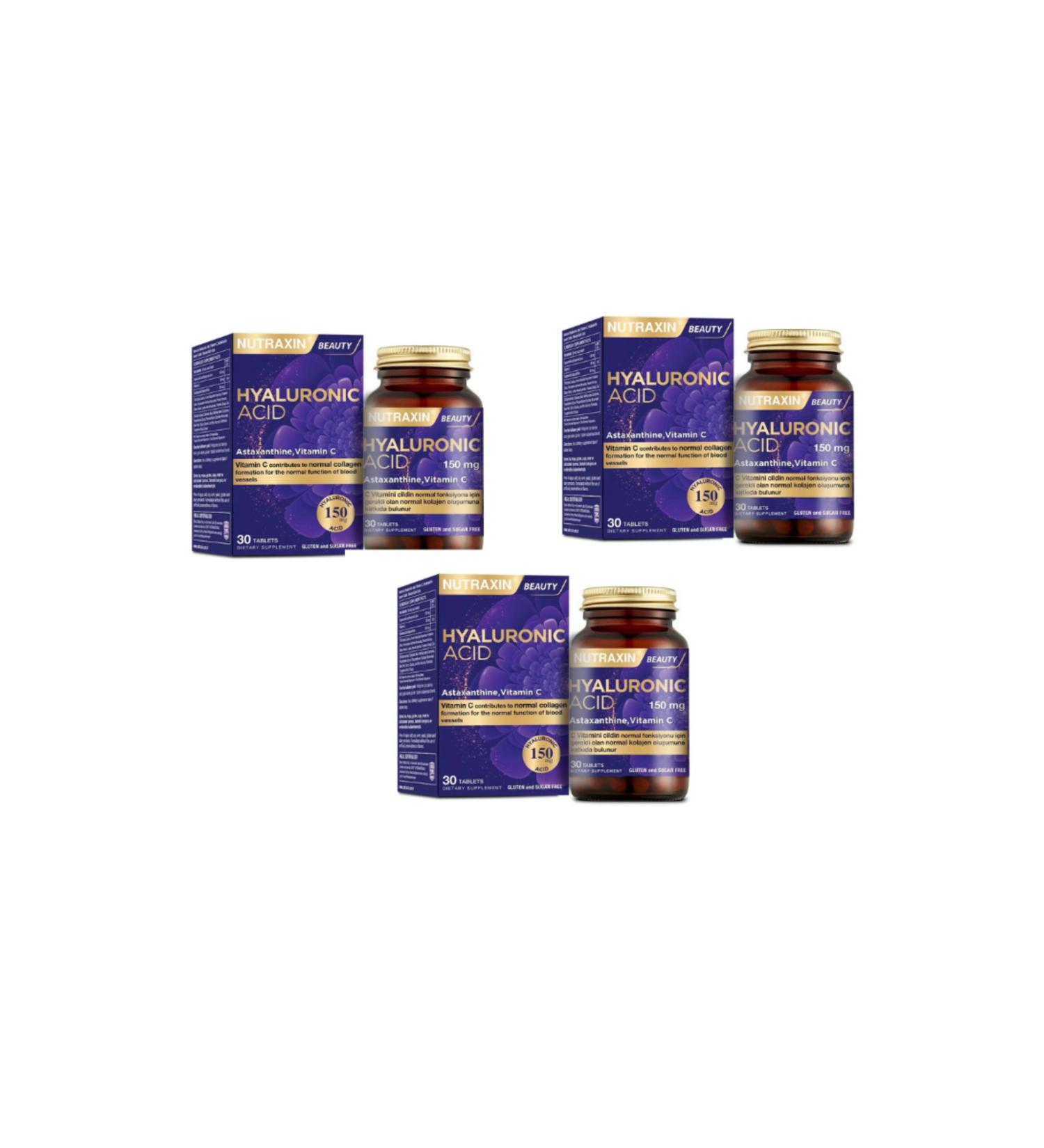 Nutraxin Hyaluronic Acid 30 Tablets Astaxanthin Vitamin C Complex 3 Pack