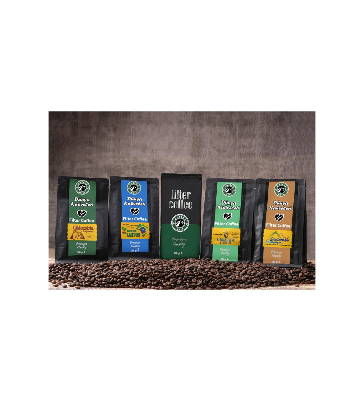 Coffee hill 5-Piece Filter Coffee Introduction Set Filter Coffee Ethiopia Brasil Santos Colombia Guatemala